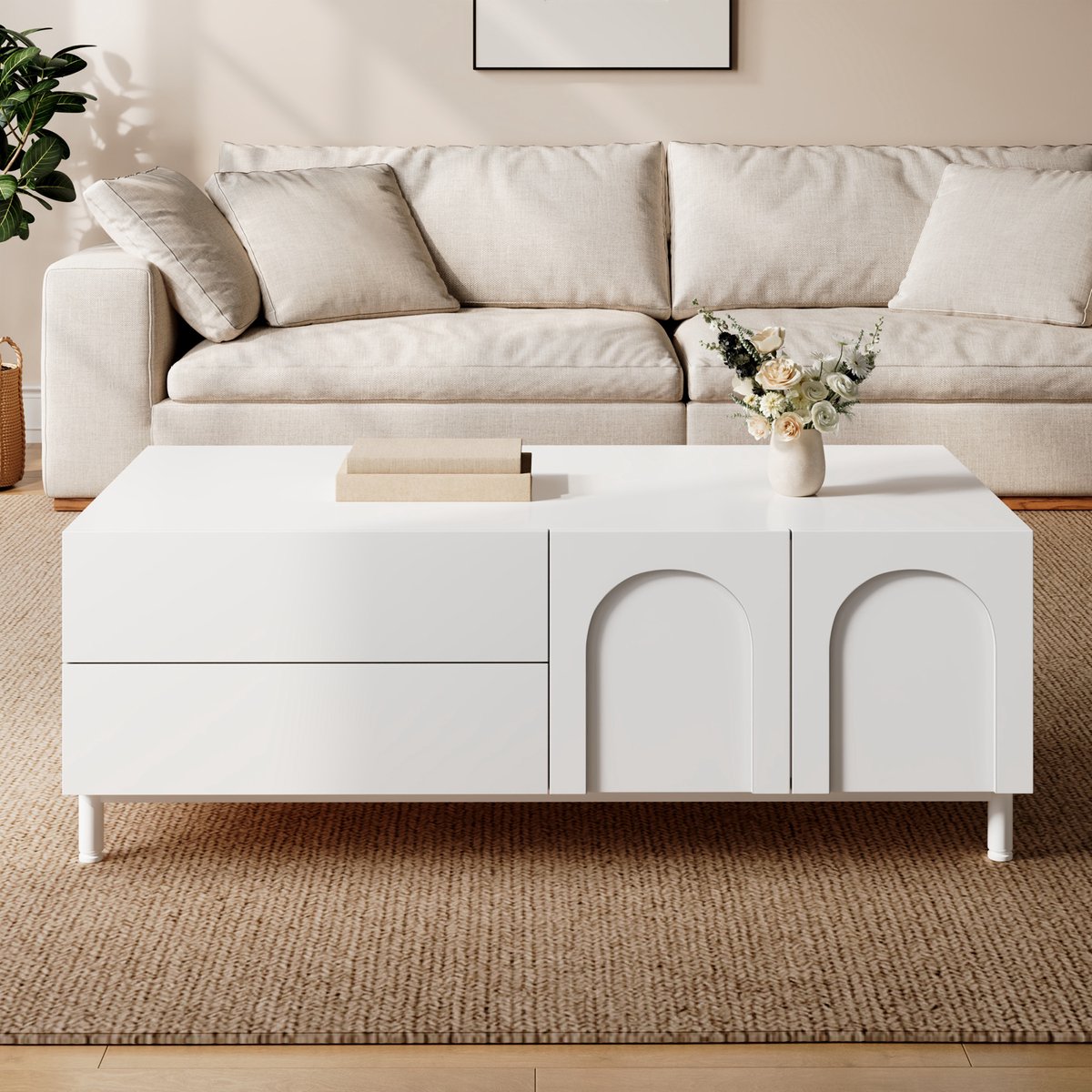 VVBV Salontafel - 100 x 50 x 39,5 cm, Wit, met 2 Lades, Opbergruimte, Metalen Poten, MDF & Spaanplaat, voor Woonkamer