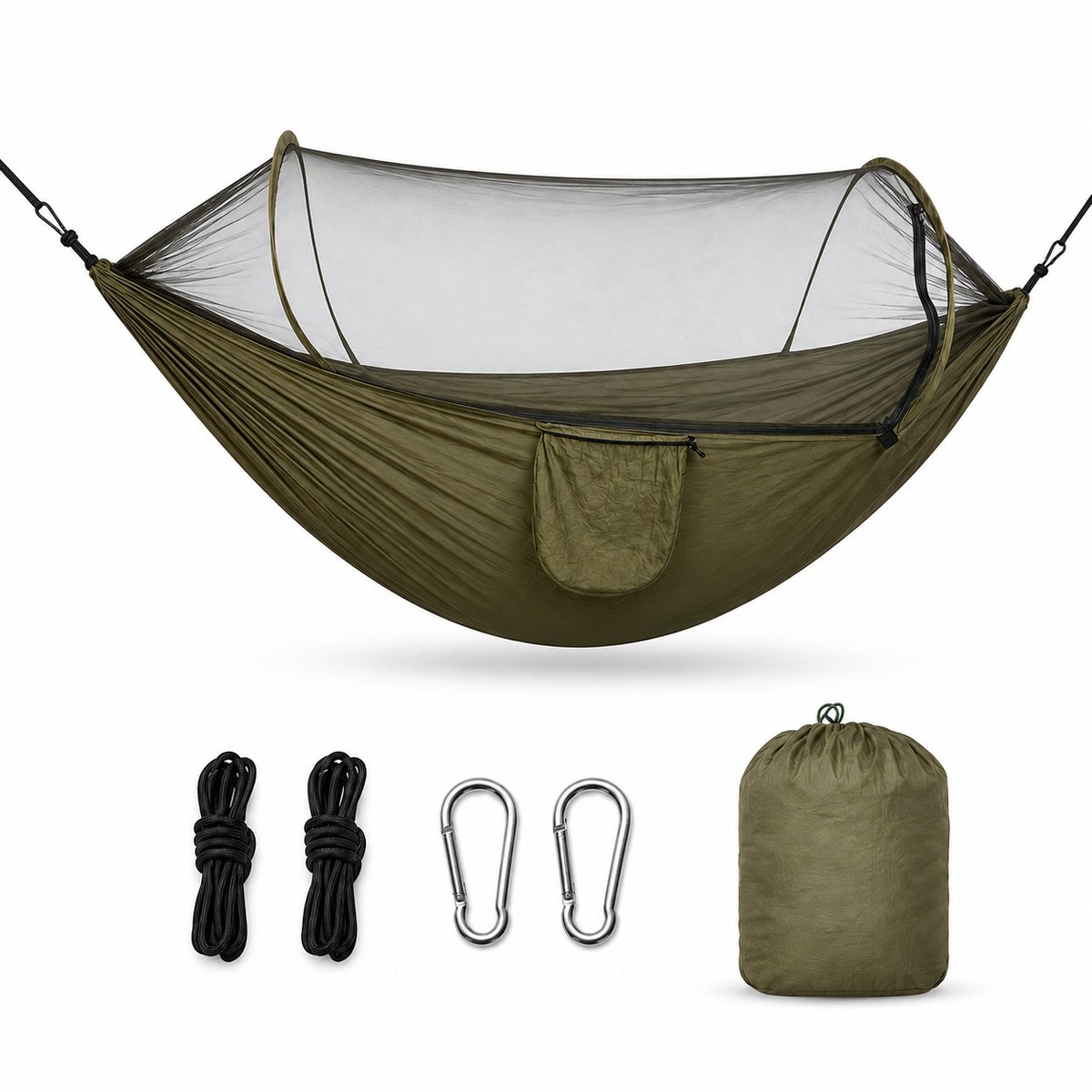 Hangmat met Klamboe - 210T Parachutestof - Boomriemen & Karabijnhaken - Reishangmat 270x140 cm - Groen