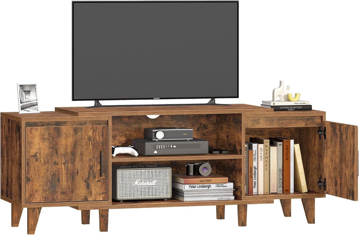 Hzuaneri tv-meubel, tv-tafel, geschikt voor tv's onder 44,5 cm, tv-meubel met 2 kasten en 2 open ruimtes, 40 x 140 x 51,5 cm, voor woonkamer, slaapkamer, eetkamer, rustiek bruin