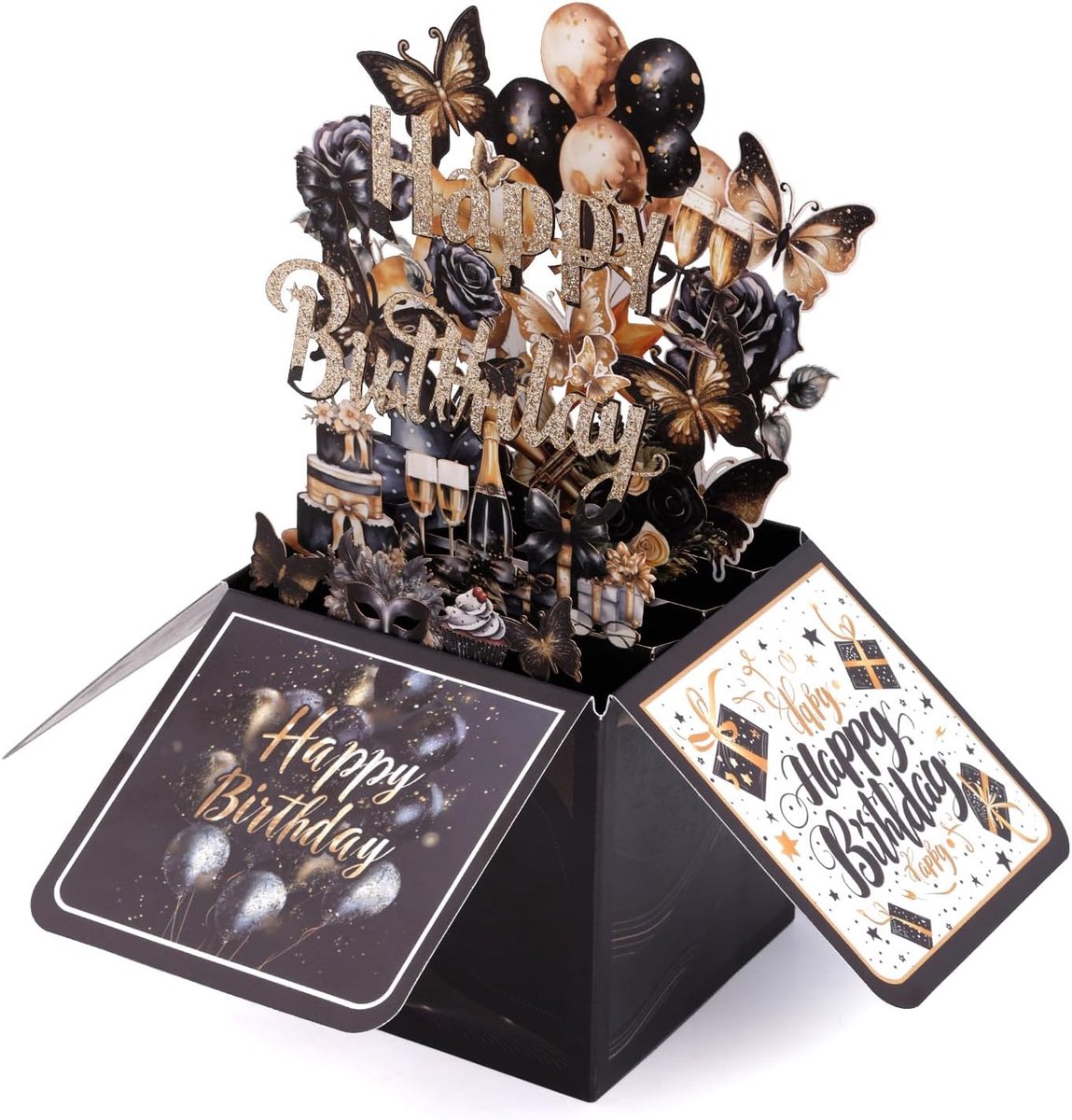 Verjaardagskaart - 3D Pop Up Verjaardagskaart - Luxe Wenskaart met Bloem en Vlinder Design voor Verjaardag - zwart