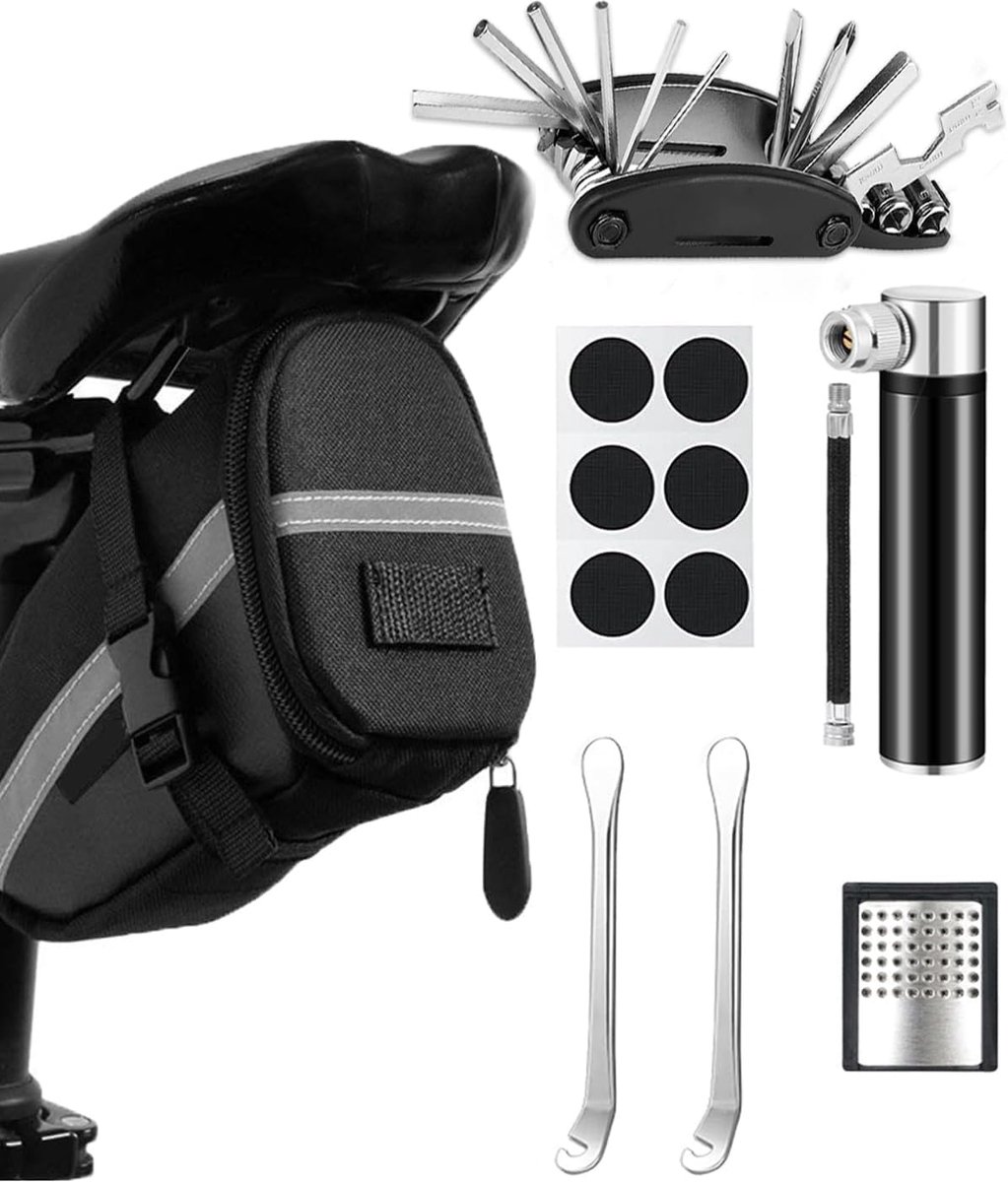 Fietsreparatieset - Complete Fietstas met 16-in-1 Multitool en 120 PSI Minipomp - Handige Bandenreparatieset voor Racefiets en MTB - Zwart