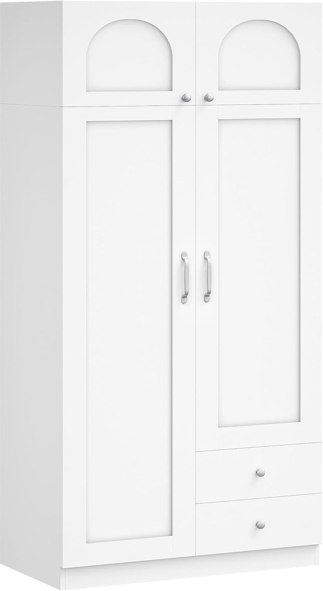 HILINSIE kledingkast met 4 deuren, 2 lades, een kledingstang en een opbergplank, moderne witte kledingkast met opbergplank voor de slaapkamer,80 × 45 × 180 cm