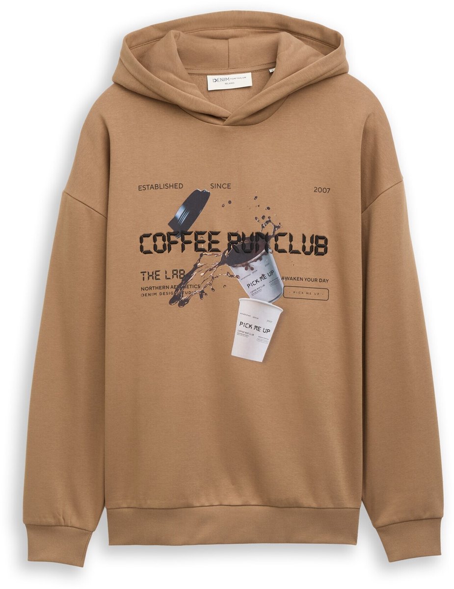 Tom Tailor Denim - Sweatshirt met capuchon in relaxte pasvorm en print - Maat S - malt brown
