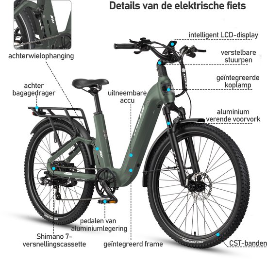 TTGO E-SUVO S6 - Full Suspension Elektrische Mountainbike - 27,5 inch Aluminium Softtail Frame - 120 km Actieradius - 720Wh Grote Accu - 70Nm Krachtig Koppel - Hydraulische Schijfremmen - Shimano 7 Versnellingen - Groen van TTGO — afbeelding 3