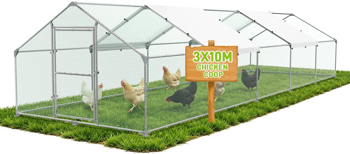 ACXIN Kippenhok met Ren - 3x10x2m - Verzinkt Frame - PVC Net - PE Dak