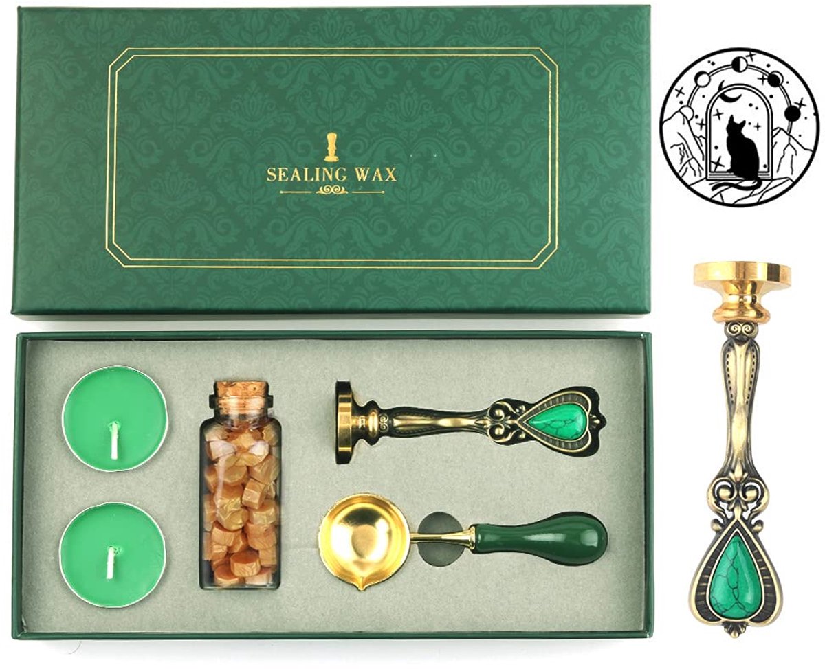 Stempelset - kattenmotief inclusief afneembare messing kop koperen lakparels lepeltje kaarsen retro vintage maan ster kat voor brieven kaarten