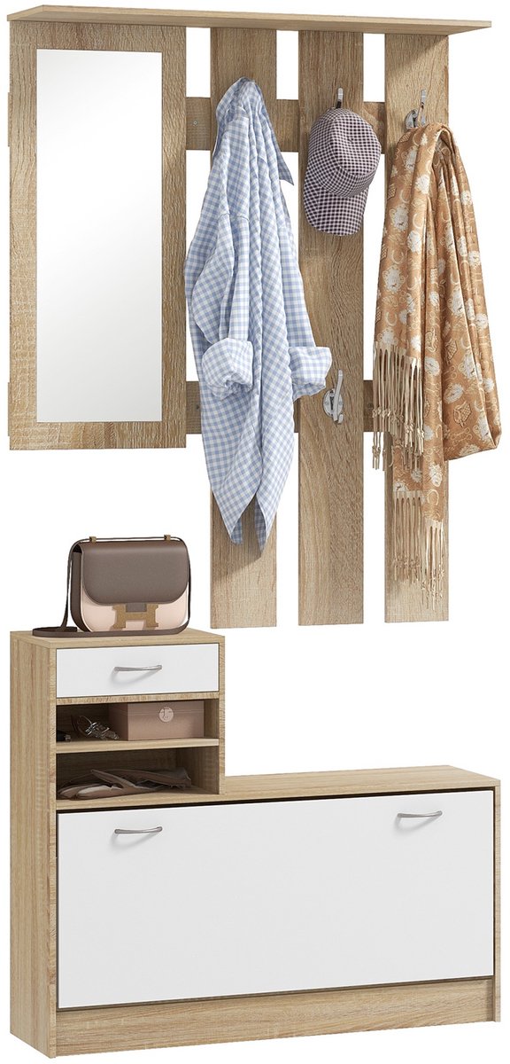 HOMCOM - Opbergset voor de hal - Spaanplaat - 90x10x91 cm - Natuurlijk hout, wit