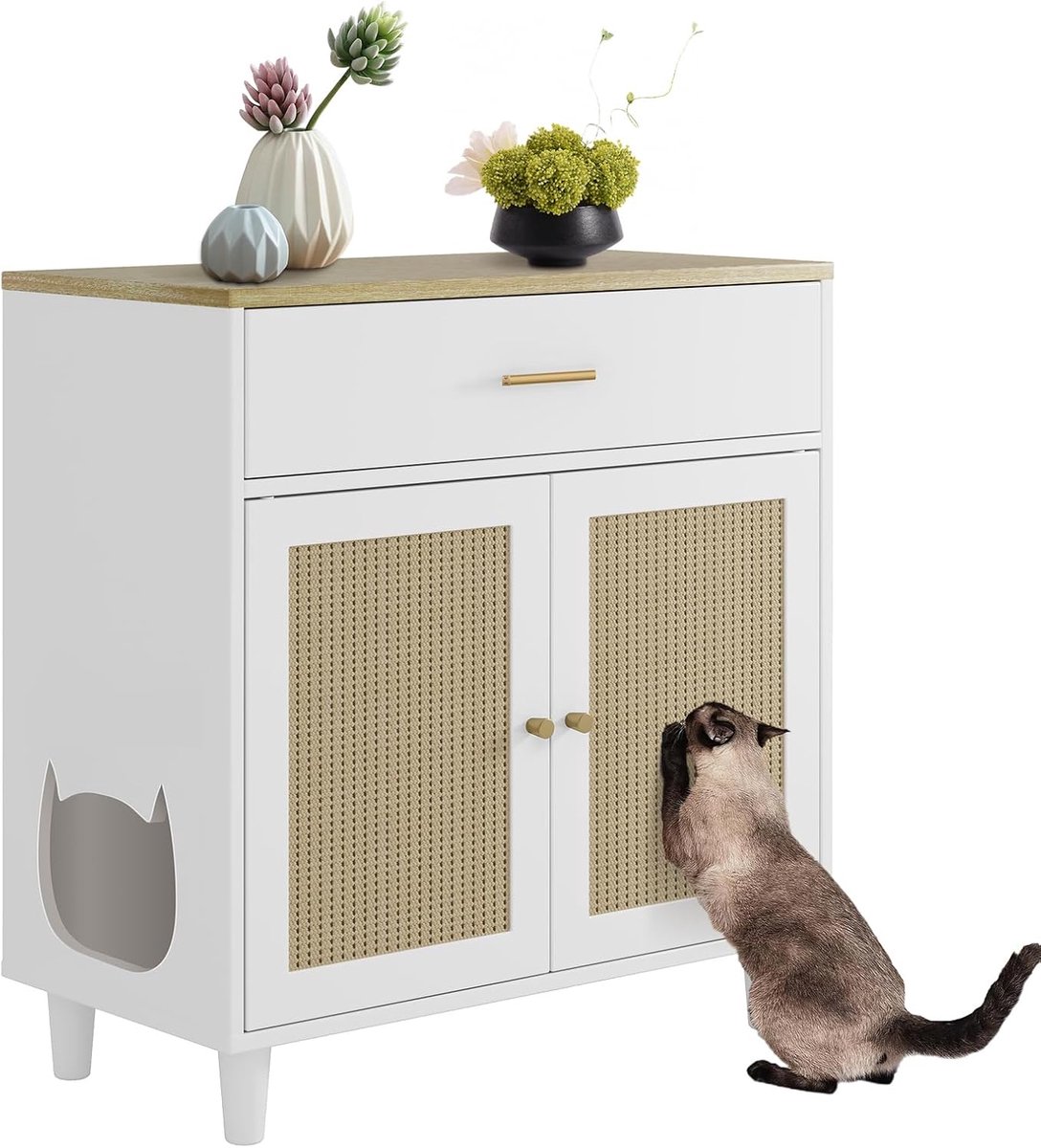 Kattenbak Ombouw met Lade & Sisal Krabdeuren - Houten Kattenkast / Bijzettafel - Hond-proof - Wit