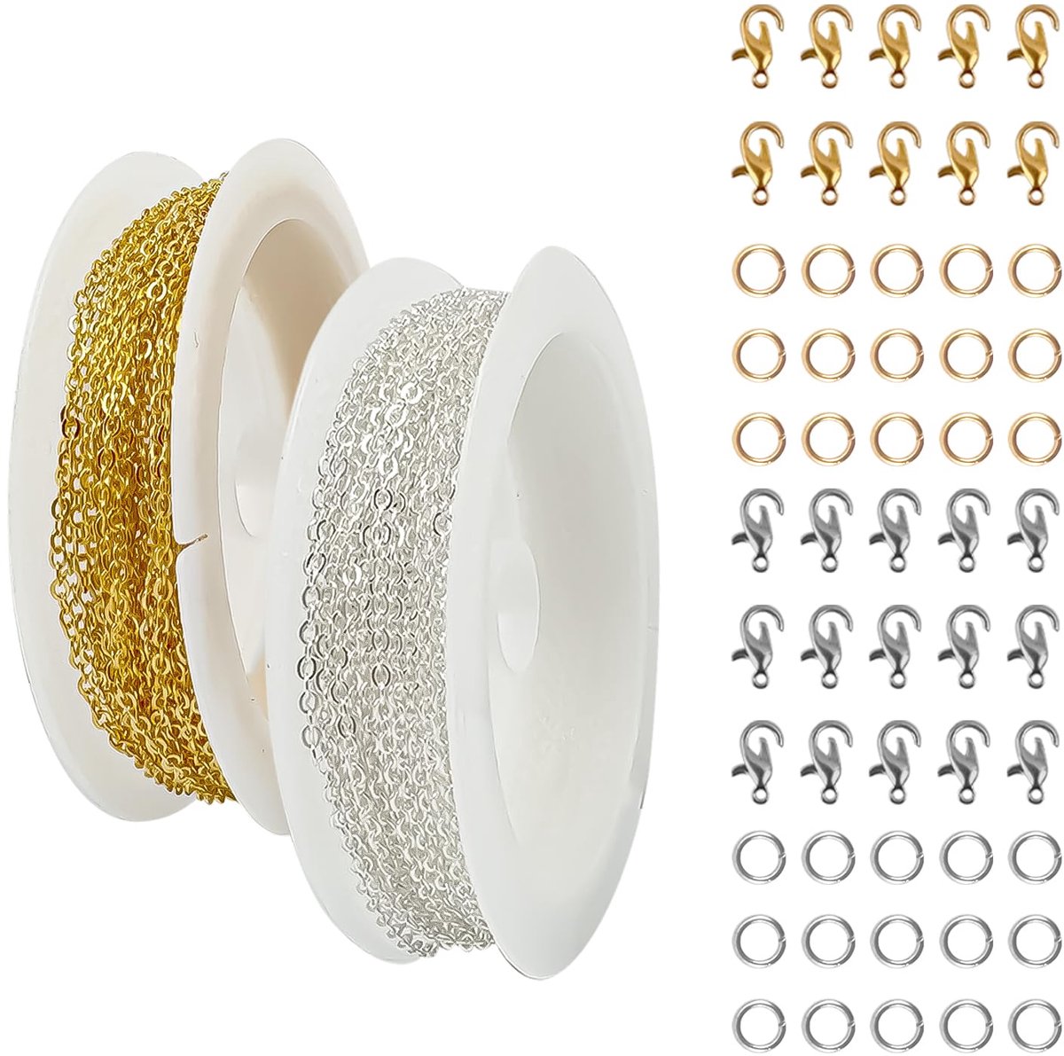 10 m halsketting, roestvrij staal, doe-het-zelf schakelketting, halskettingen met 40 karabijnsluitingen en 100 buigringen, metalen ketting, roestvrijstalen kabelschakelketting voor doe-het-zelf