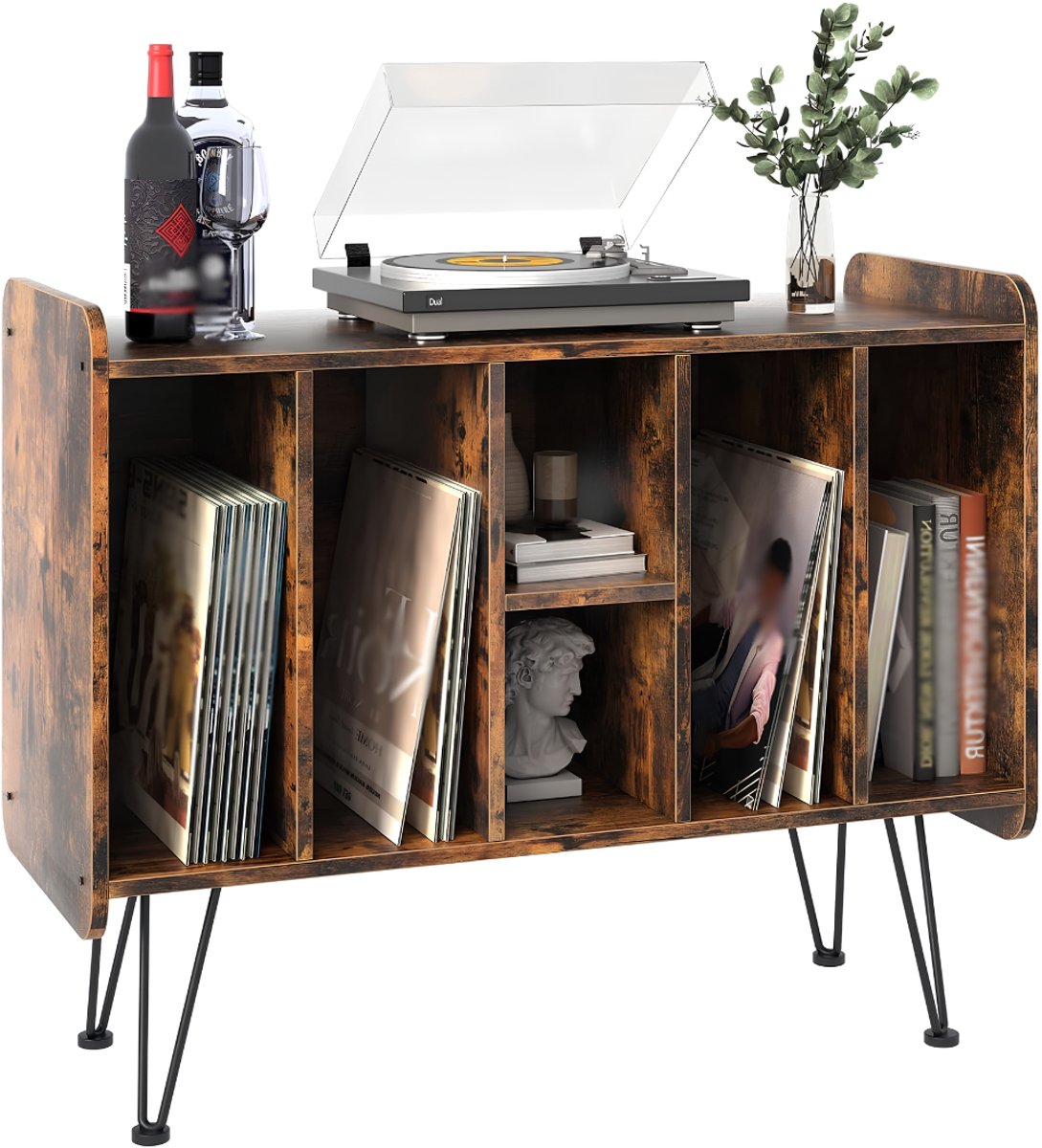 SNJY® Platenspeler Meubel - Platenspeler Kast - LP Houder - Platenhouder - 34,5D x 84B x 66H cm - Bruin
