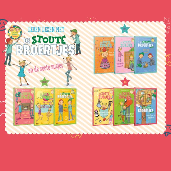 Boekomslag met illustraties van kinderen die boekjes lezen, twee rijen met boekjes.