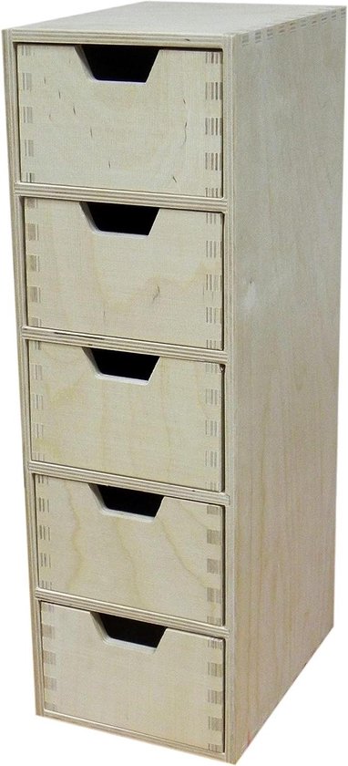 Houten ladekast met vijf open vakken. Kast is onbehandeld en naturel van kleur.