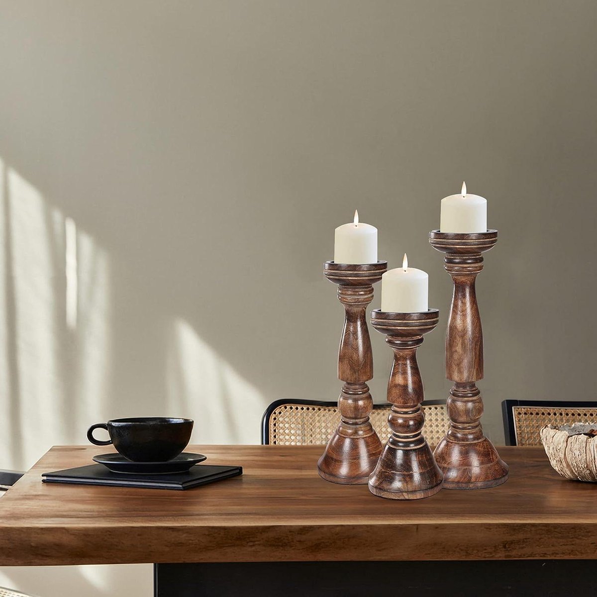 Kaarsenstandaard Set - Houten Pilaren - Sfeervolle Decoratie - Handgesneden Design - Set van 3 - Verbrand
