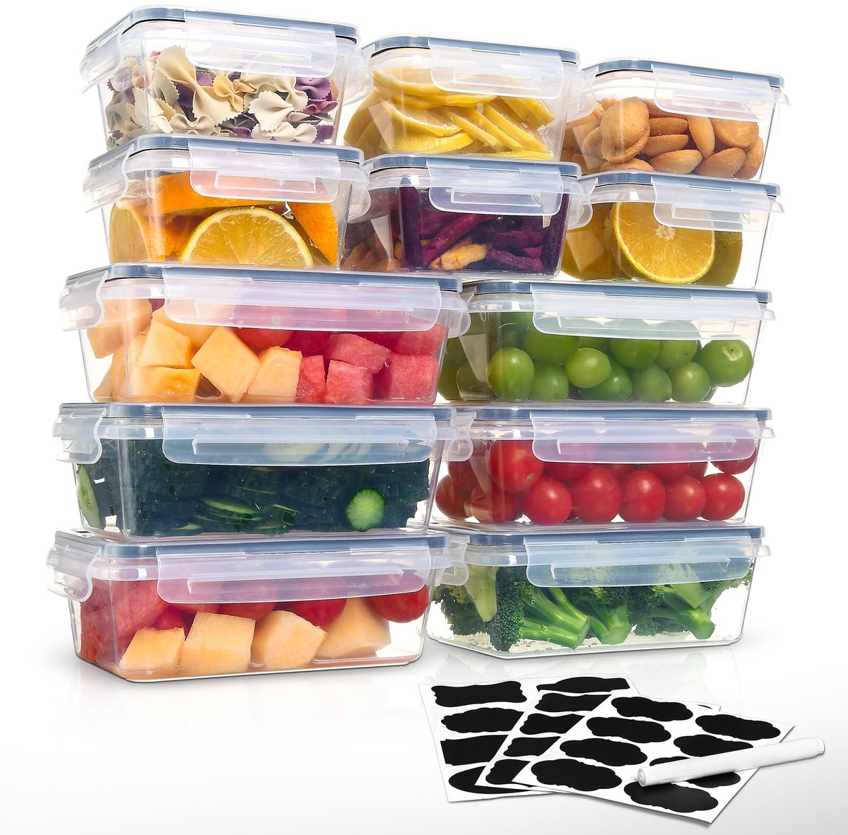 12 luchtdichte voedselcontainers, 6 x 1 L + 6 x 500 ml, BPA-vrij, 100 & luchtdicht, draagbaar