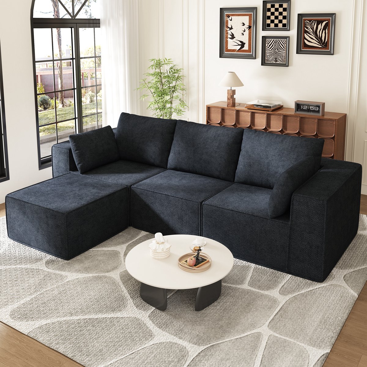 Hiazurm Hoekbank - L-vormige Bank met Ergonomische Ondersteuning - Hoge Dichtheid Schuimvulling - Chenille Stof – 5 Kussens - Ruime Comfortabele Woonkamerbank - Geleverd in 2 Pakketten - Blauw