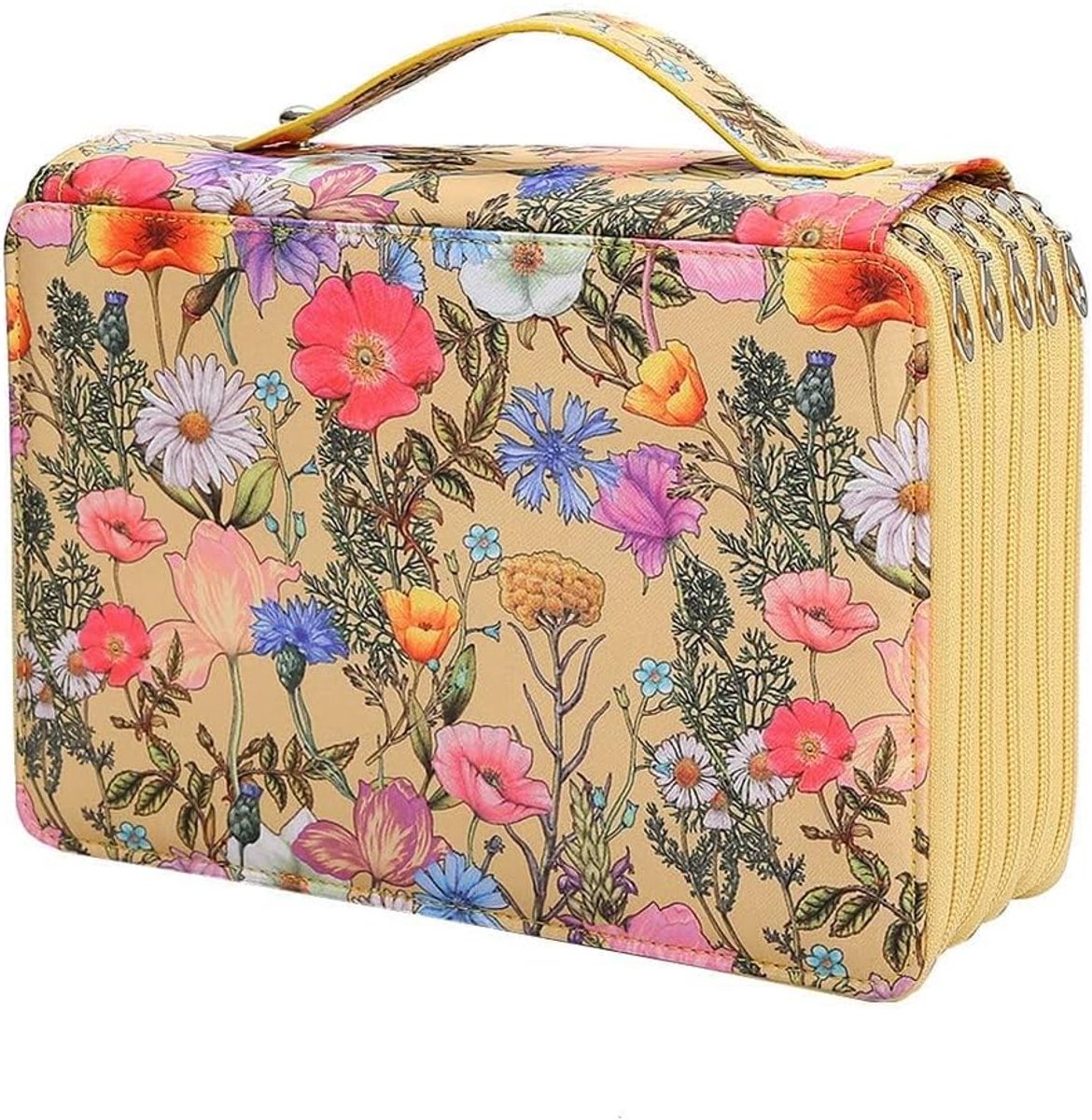 KZQ 5-Laags Potloodetui met Rits en Handvat – Opbergtas met Veel Vakjes voor Kunstenaars, Tekenen, Schilderen en Reizen – Geel, 28x20x9 cm
