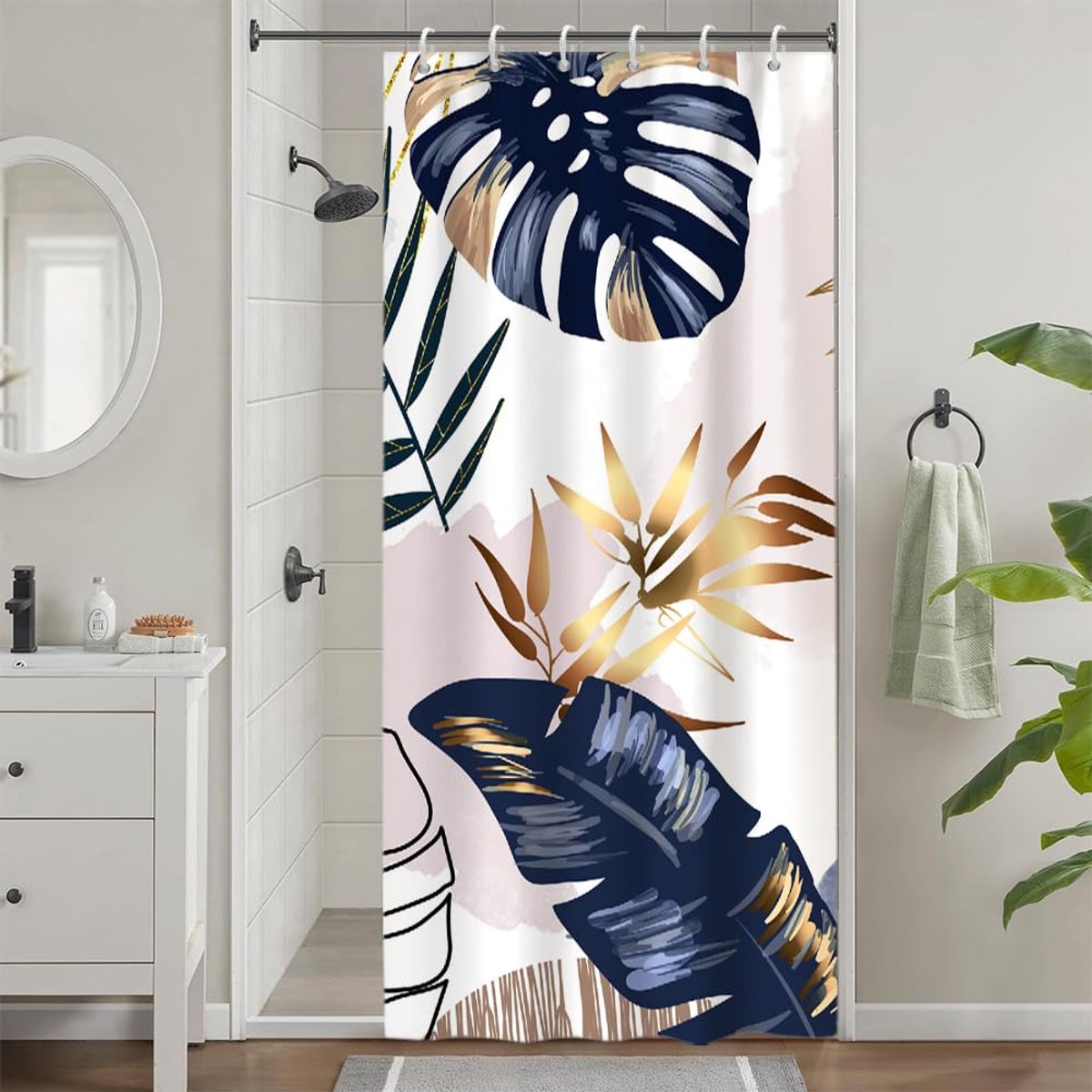 Douchegordijn, schimmelwerend, smal douchegordijn, 90 x 180 cm, marineblauw, bohemien, tropisch, Foglie di Palmboom, badgordijnen, wasbare stof, waterdicht, badgordijnen met 6 haken