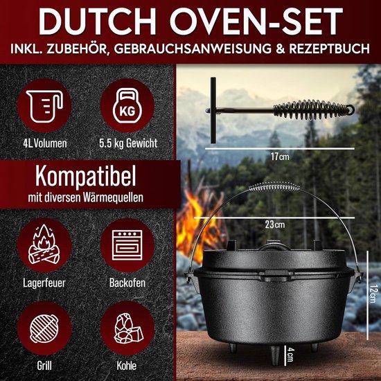 Gietijzeren Stoofpan - Vuurpan Ketel - Buiten Koken - Direct Klaar Gebruik - 4 Liter - Zwart — afbeelding 2