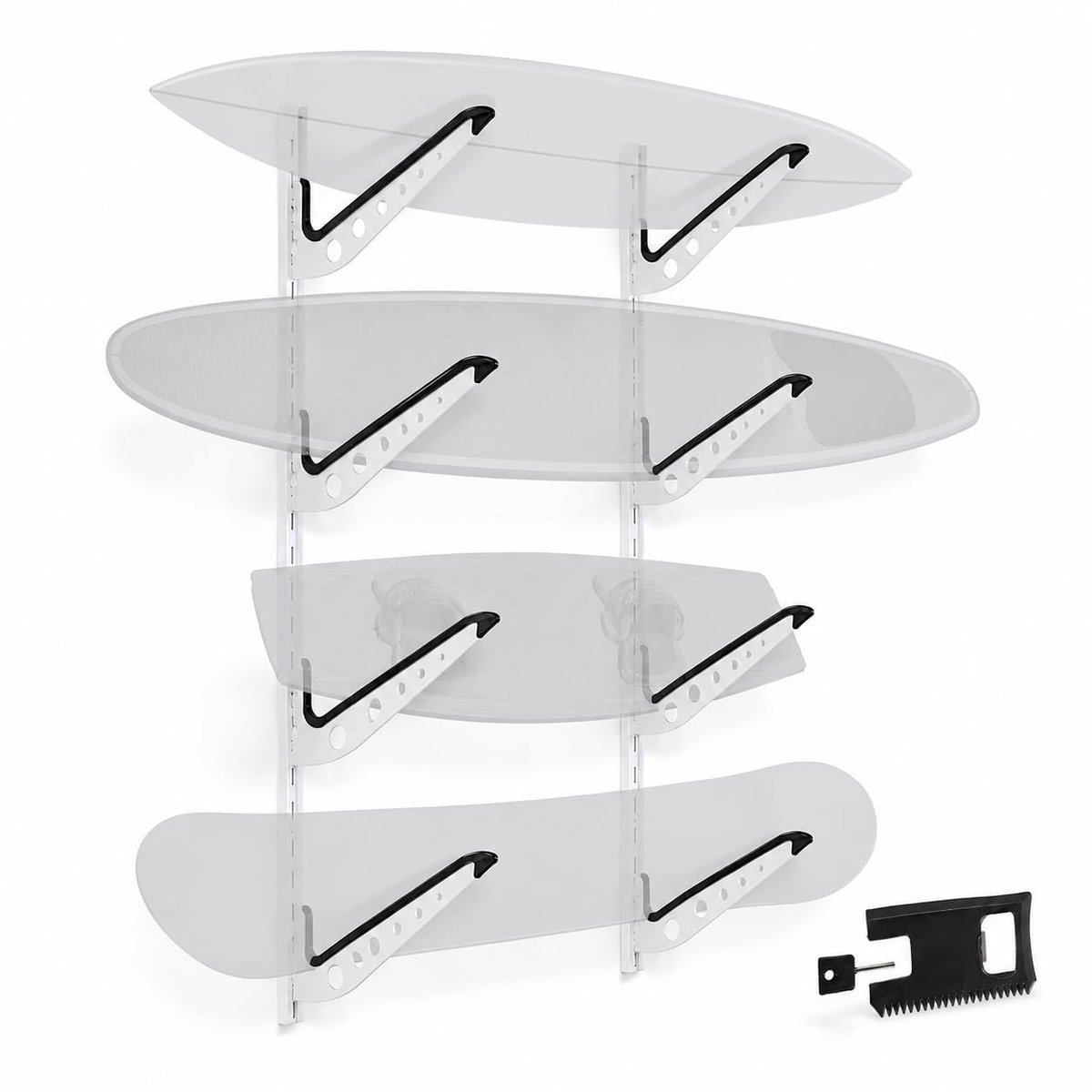 Wandrek voor Surfboards SUPs Snowboards & Skateboards – Verstelbare Stalen Boardhouder voor Garage of Schuur – Set met 4 Armen & Kamtool