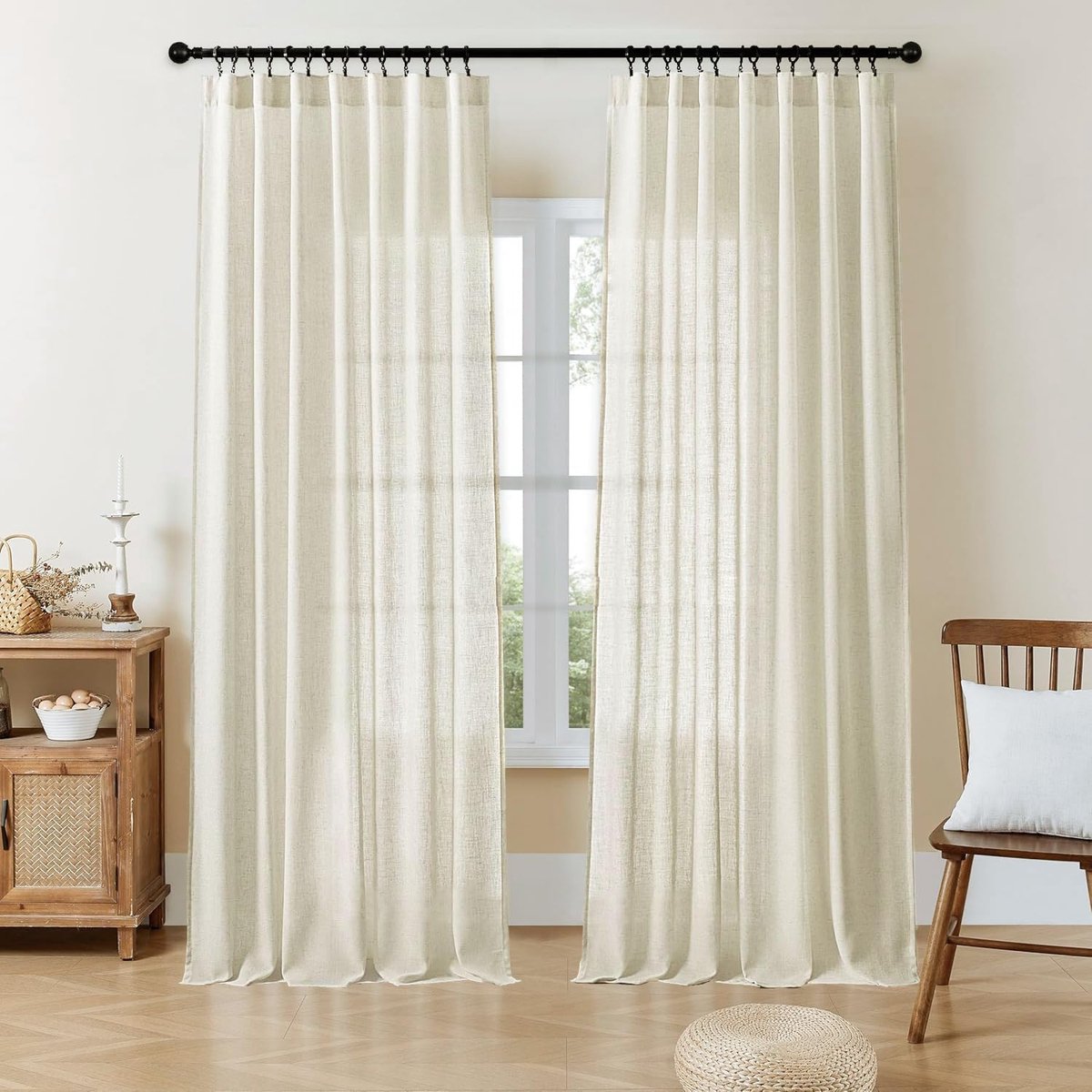 Linnen gordijnen 96 inch lengte 2 panel sets voor woonkamer slaapkamer, 52 inch breed licht filtrerende gordijnen met achterste tab en roede zakken (96" L x 52" B, beige)