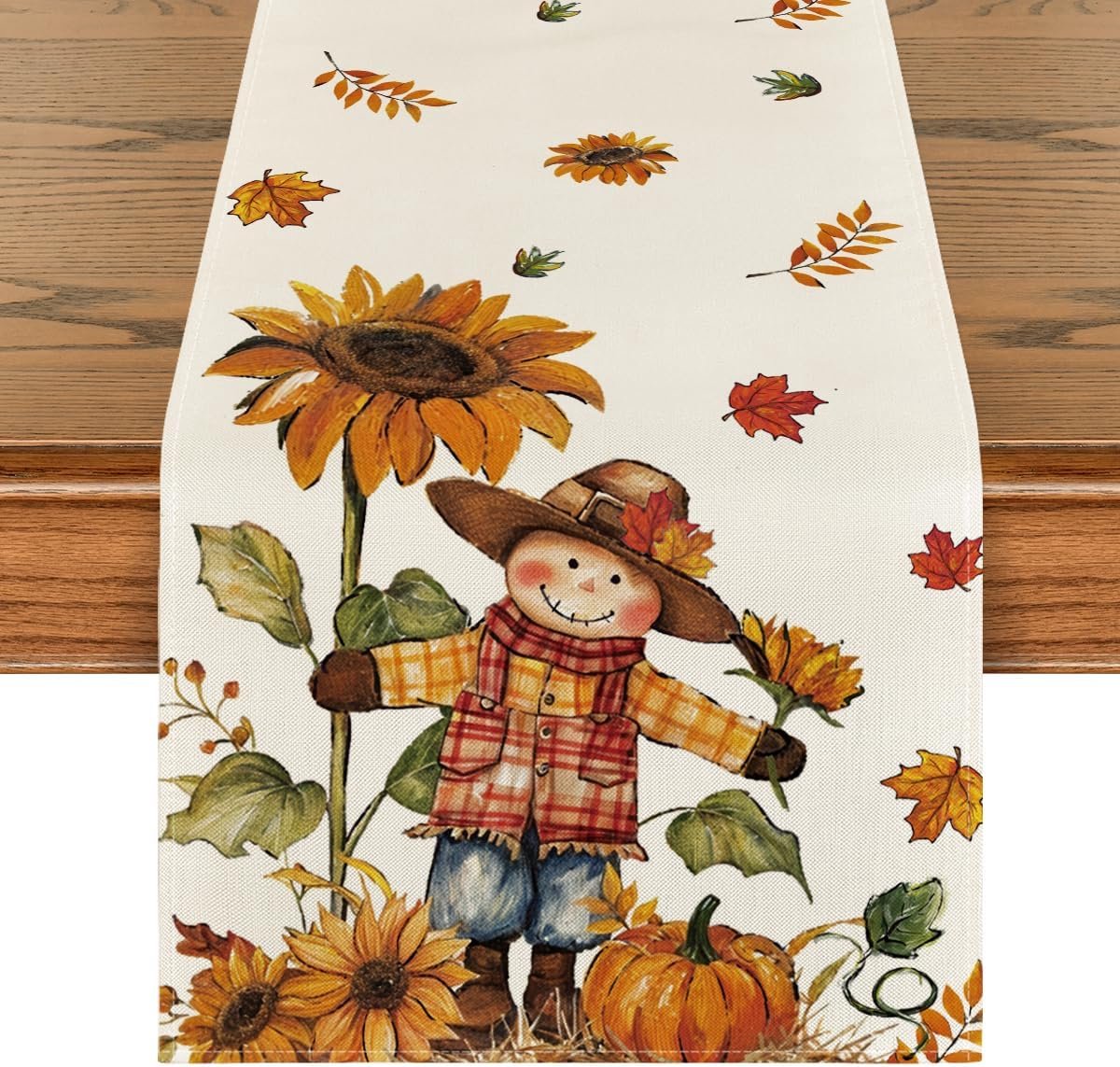 Mode Tafelloper, zonnebloemen, pompoen, bladeren, vogelverschrikker, herfst, tafeldecoratie, binnen, vakantie, feest, decoratie, 40 x 140 cm