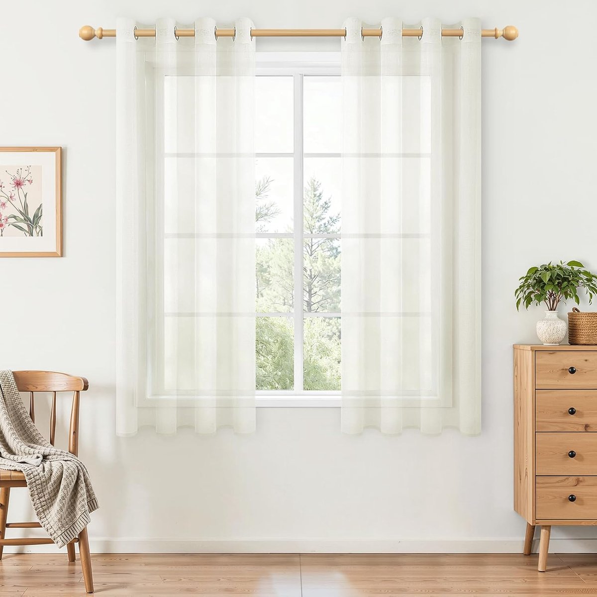 Gordijnen met oogjes, korte raamgordijnen, transparant, doorzichtig, gordijn met inslagringen, voor slaapkamer, woonkamer, keuken, modern, elegant, set van 2, 145 cm lang, 140 cm breed