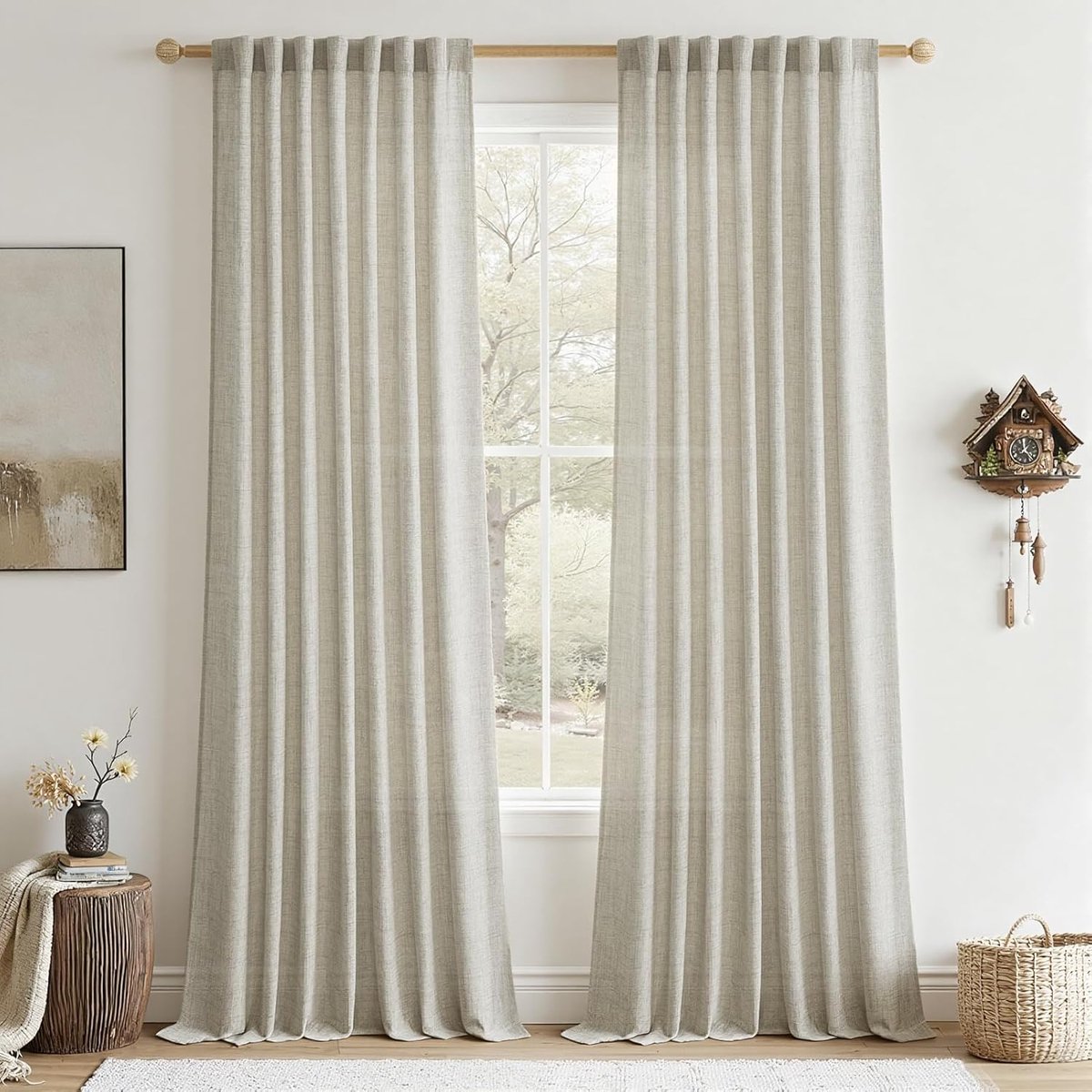 Gordijnen, linnen, halftransparant, set van 2, moderne gordijnen voor woonkamer, 260 x 140 cm (h x b), linnenlook, met verborgen lussen, linnenlook