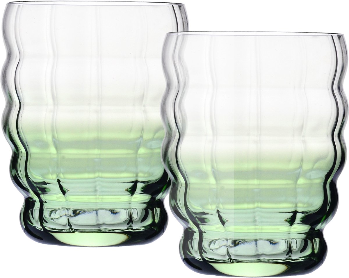 KROSNO Matcha Latte en Theeglazen Set van 2 Stuks - 400 ml | Matcha Moments Collectie | Groen Kleurverloop, Golvende Structuur en Loodvrij Kristalglas | Voor Warme en Koude Dranken | Vaatwasserbestendig