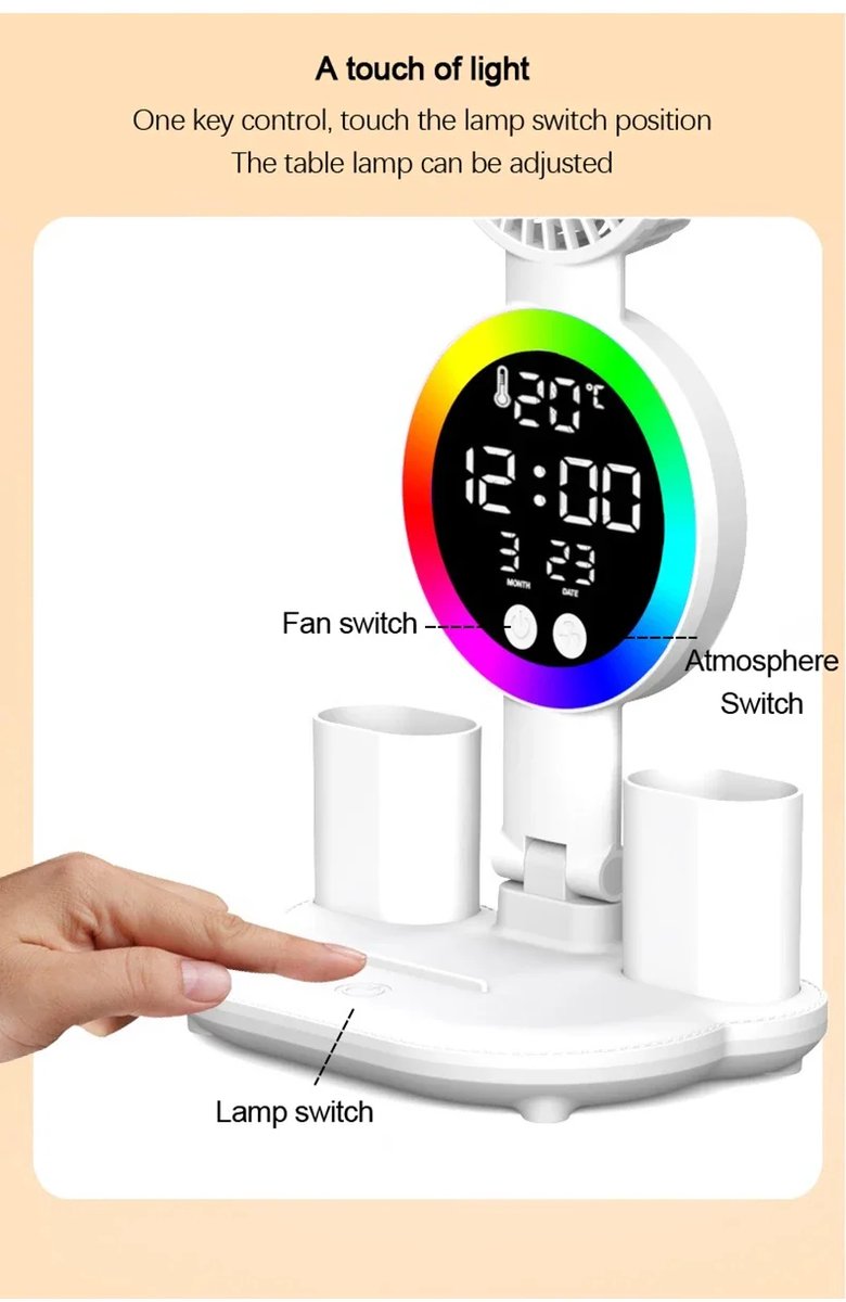 LED klok met leeslamp, Oplaadbare bureaulamp met ventilator, Multifunctionele tafellamp thumbnail 4