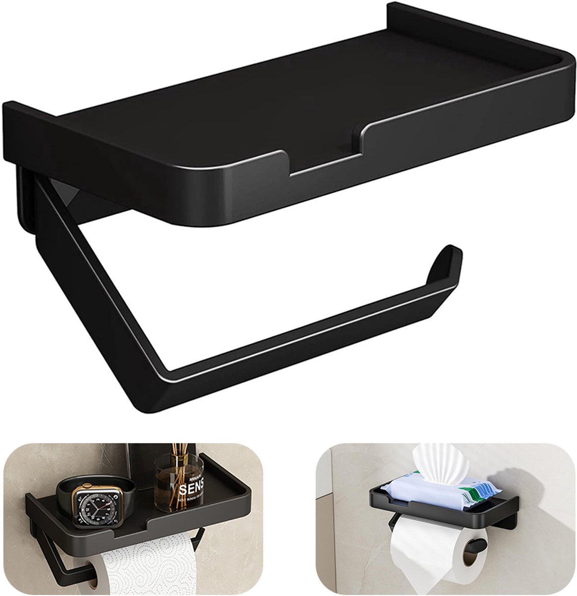 Toiletpapierhouder - met plankje - zelfklevend - boren niet nodig - toiletpapierhouder - tissuehouder - badkamerplankje - aluminium - zwart
