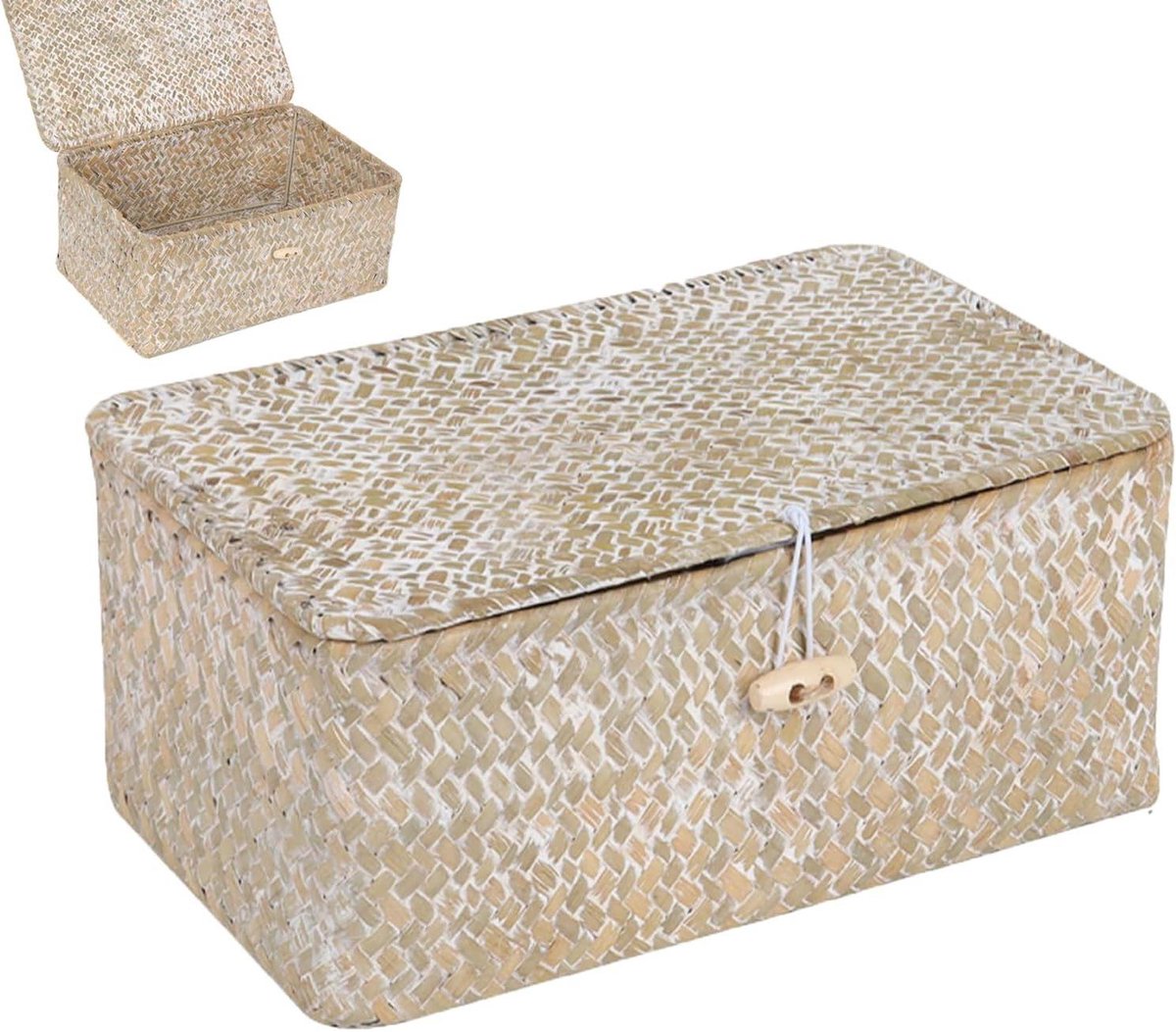 Rattan Opbergmand - Seagrass mand - Spullen Organiseren - Met Deksel en Sluiting - Middelmaat - Wit