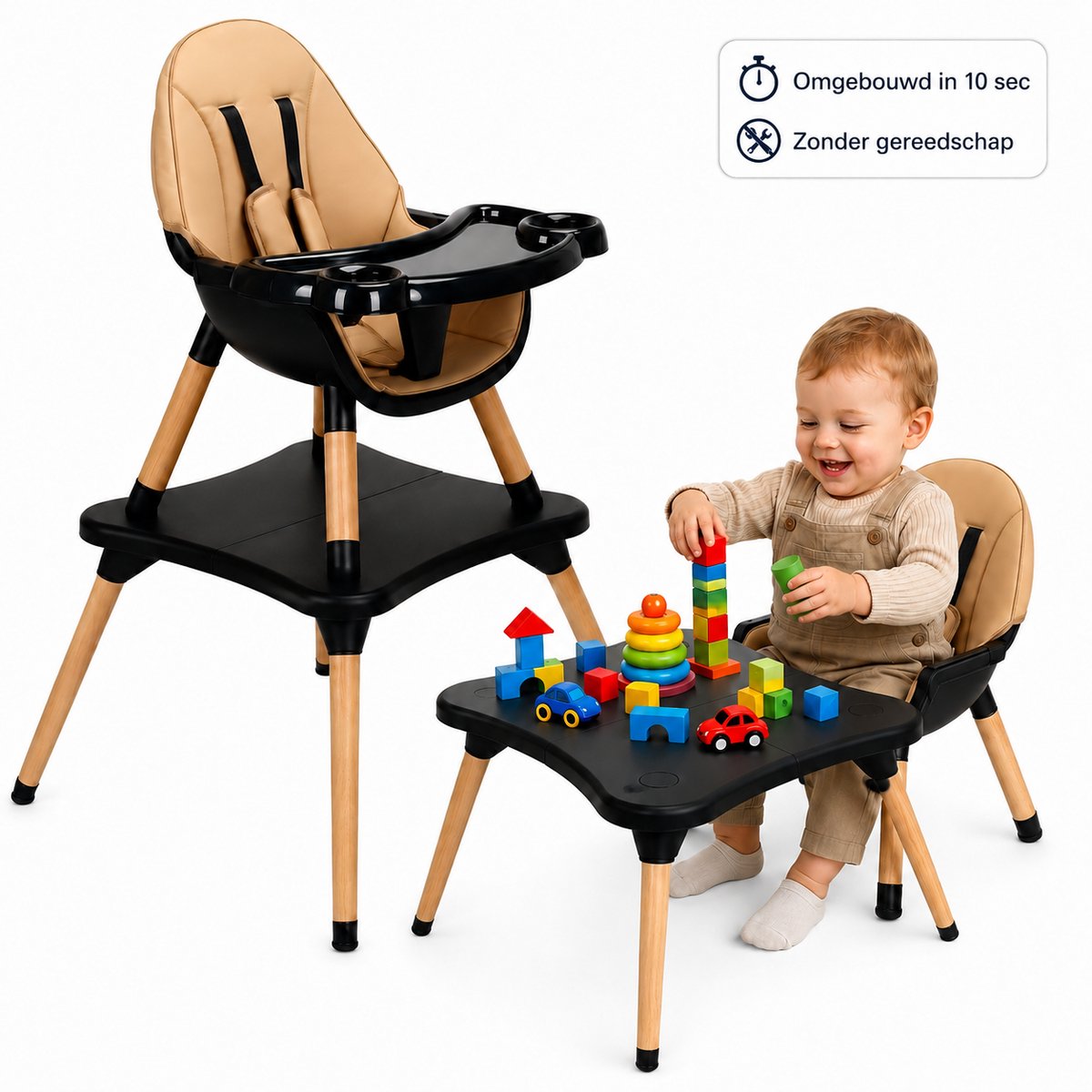 Bol.com ComfyKidz 5 in 1 Kinderstoel met Speeltafel - Eetstoel Baby - Peuterstoel Houten Poten - Bruin/Zwart aanbieding