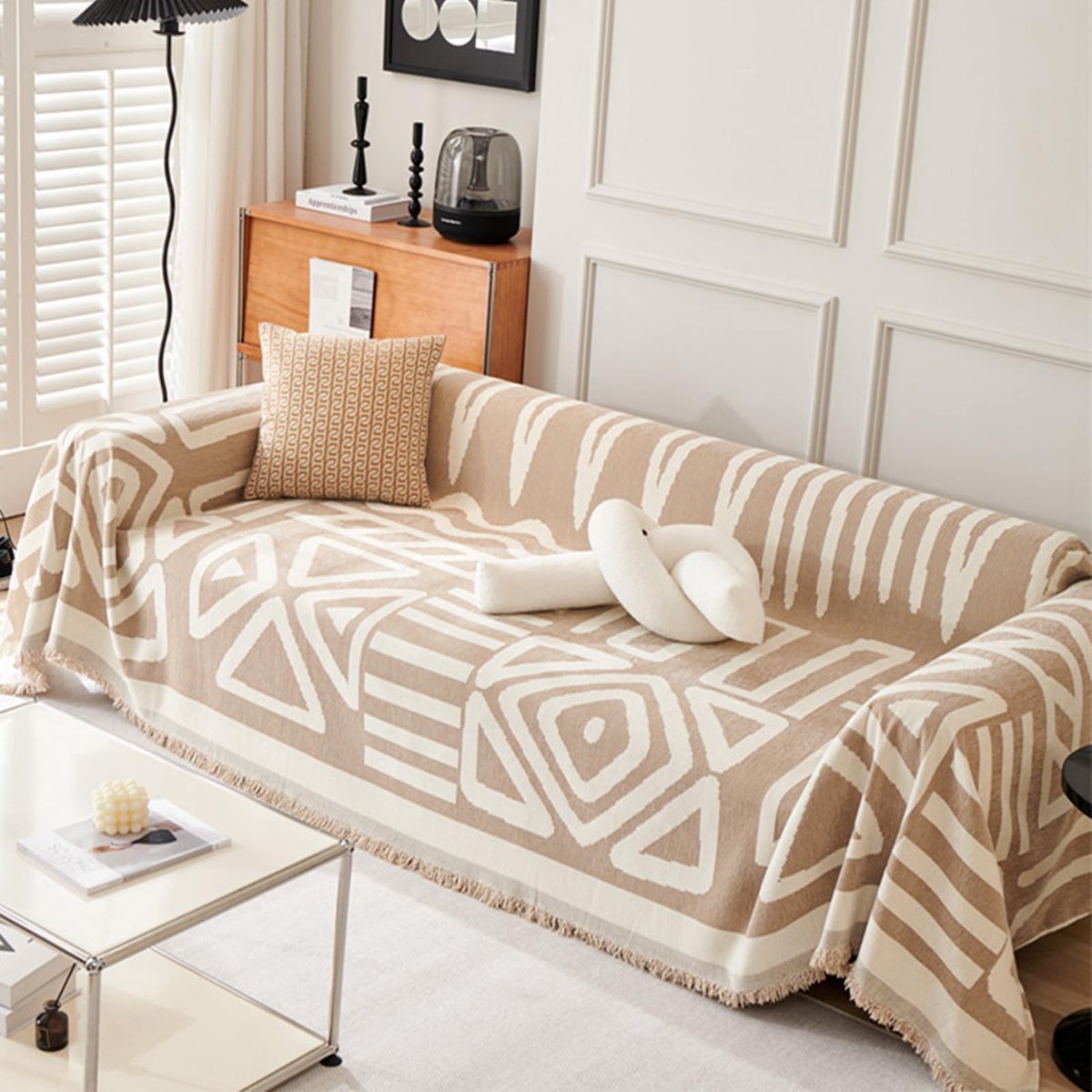 Bankovertrek, grote 2/3-zitsbank, veelzijdige woondeken als decoratieve deken, bankovertrek en sprei met decoratieve kwastjes, 180 x 420 cm, lichte curry
