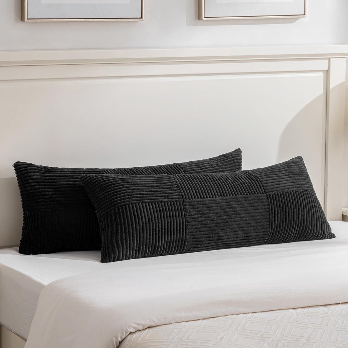 Set van 2 boho-kussenslopen voor bank, 40 x 145 cm, corduroy, modern, zacht, kruispatroon, decoratieve kussenslopen voor bank, slaapkamer, zwart