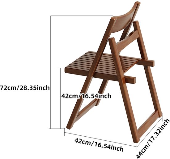 Bruine houten klapstoel met afmetingen aangegeven: 72cm hoog, 42cm breed en 44cm diep.