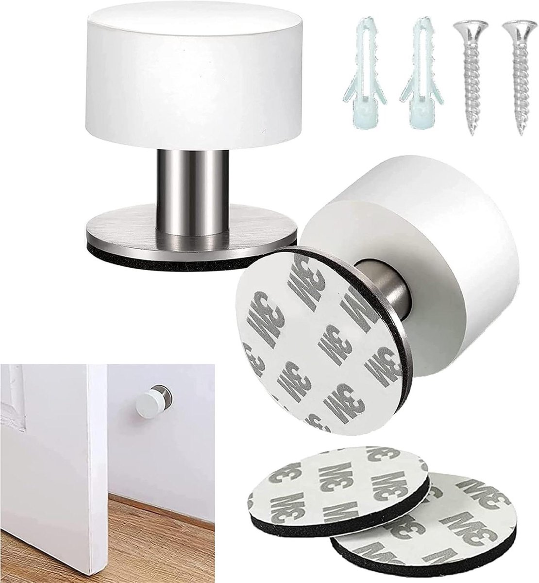 Deurstoppers Muur - Deur Buffer - Muren Beschermen - Roestvrij Staal - 2 Stuks - Wit