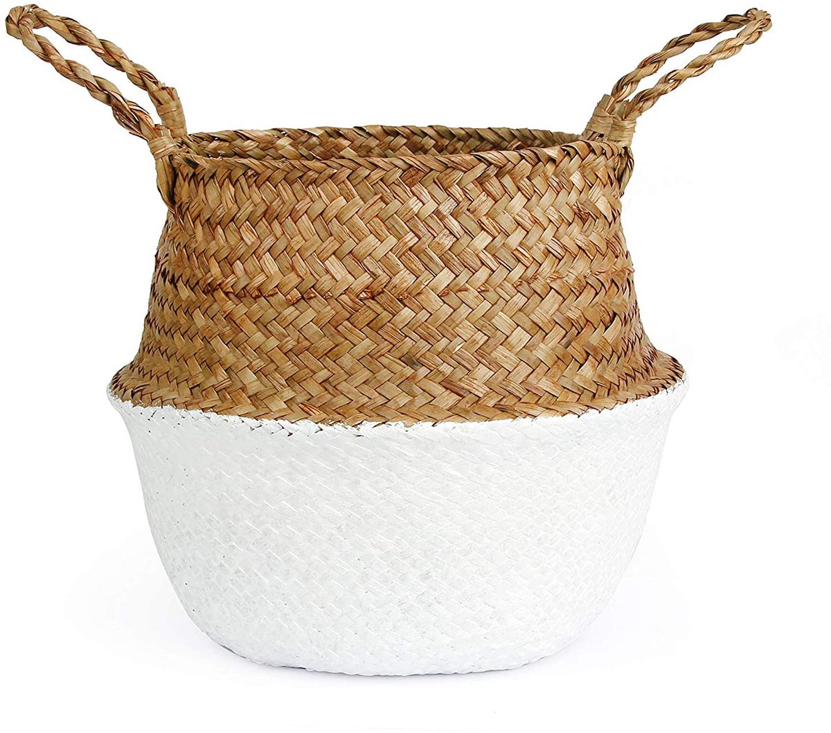 Opbergmand, zeegrasmand Buikplantpot Geweven mand met handvat, Opvouwbare wasmand Speelgoedopslag,White,45x35cm