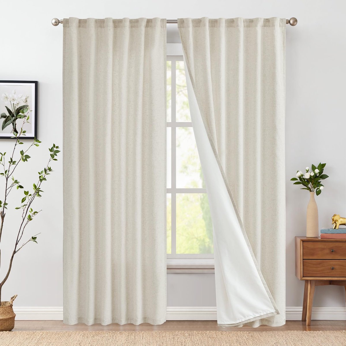 Gordijnen, linnen gordijnen, 175 cm lang, voor woonkamer, slaapkamer, stang, achtertabblad, lichtfiltering, raamgordijnen met microvezel, enkele voering, voor woonkamer, 2 panelen, natuur