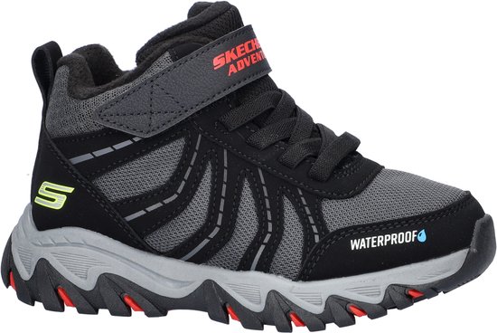 Zwarte halfhoge wandelschoen met grijze golvende lijnen, gele S-logo en WATERPROOF tekst.