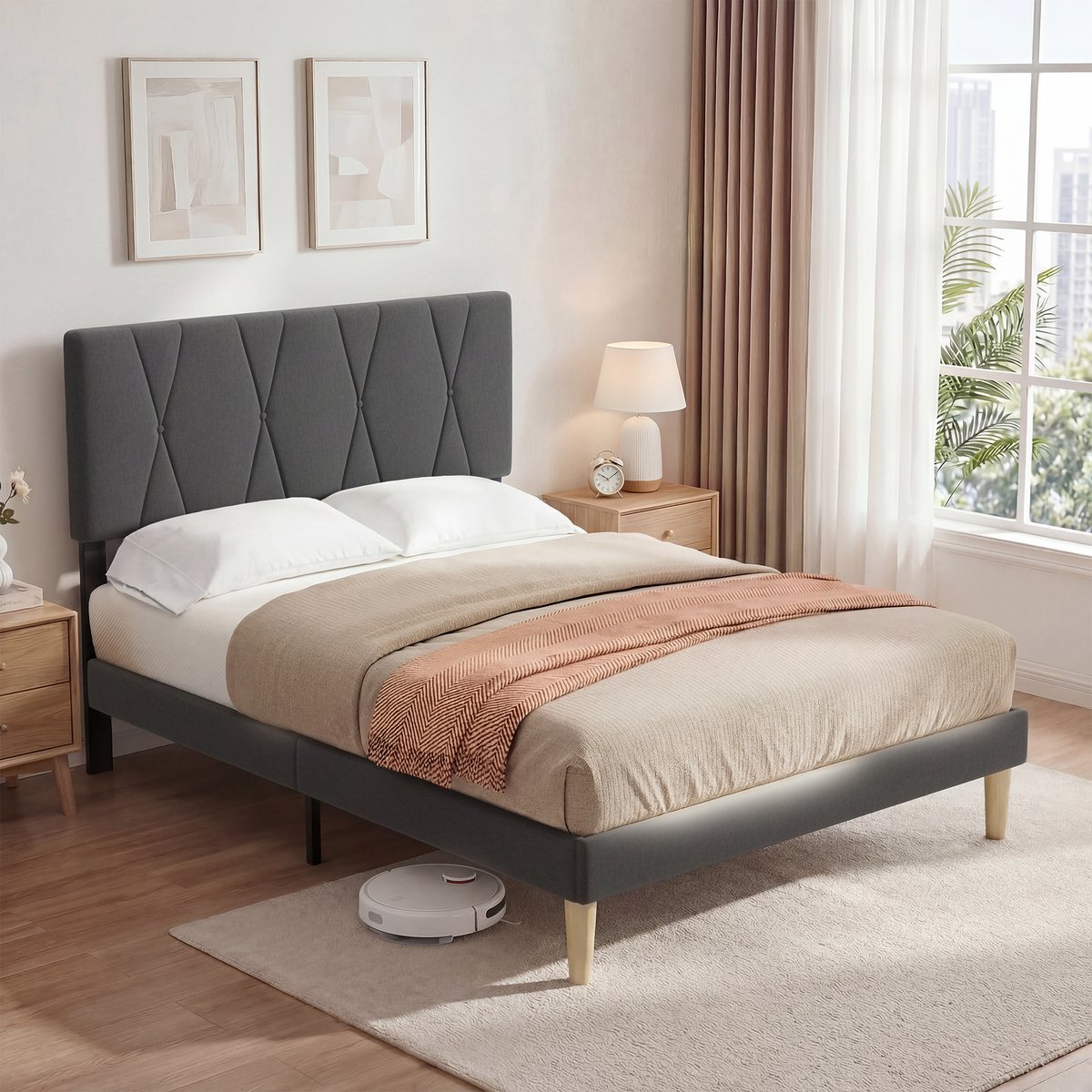 Xbro Gestoffeerd Bed 140 x 200 cm met Hoofdbord en Lattenbodem, Tweepersoonsbed met 20 cm Opbergruimte, Eenvoudige Montage,Donkergrijs