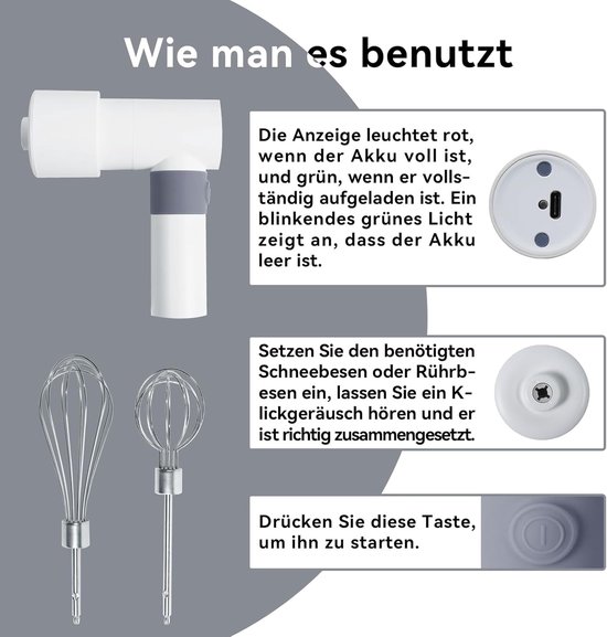 Draadloze Handmixer - Elektrische Garde Oplaadbare Mixer - Bakken en Keuken - Lichtgewicht Ergonomisch Ontwerp - 200 RPM - Wit — afbeelding 4
