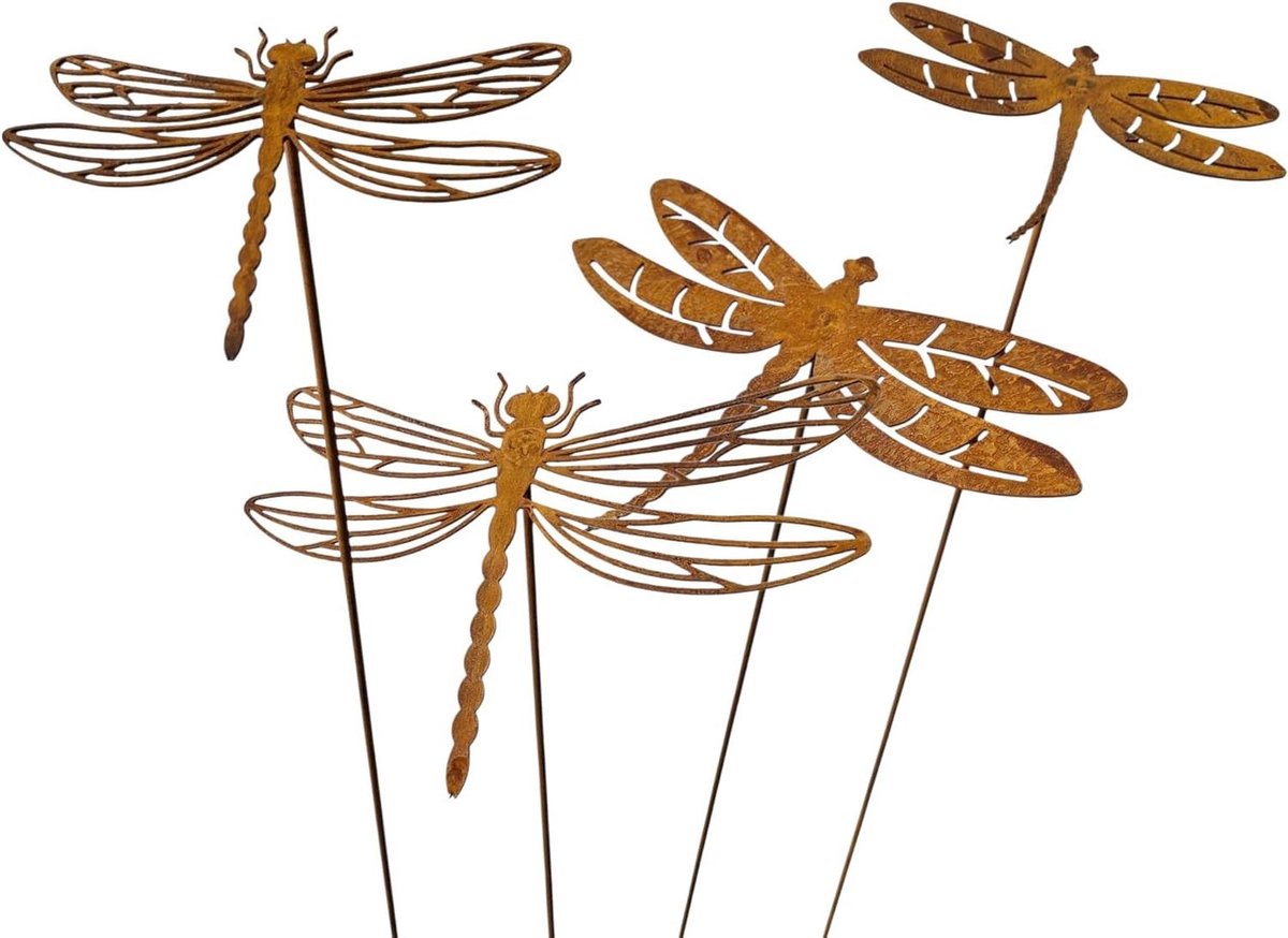 Tuinstekers Libellen - Tuindecoratie Metaal - Tuin Verfraaien - Roestlook Patina - Set van 4 - Bruin