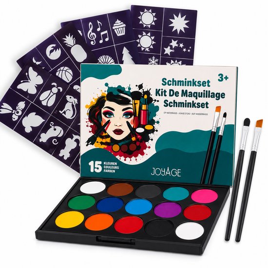 Joyage Schmink kinderen & volwassenen - Op waterbasis - Sjablonen en penselen - Schminkset Elf Make up Kinderen - Face paint palette - Grime Schmink palet volwassenen wit - Kinderschmink voor grimas - Gezichtsverf grimeren - Smink accessoires zwart
