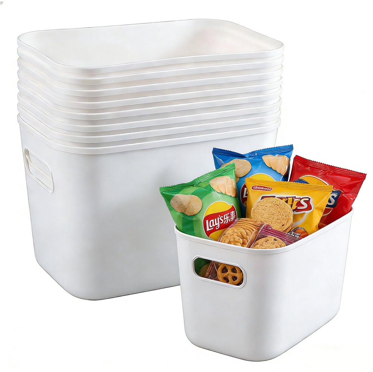 10 stuks opbergdozen kunststof keukenkast organizer box kunststof opbergmand met handgrepen opbergdoos wit geschikt voor badkamer, keuken en voorraadkast 26 x 17 x 15 cm