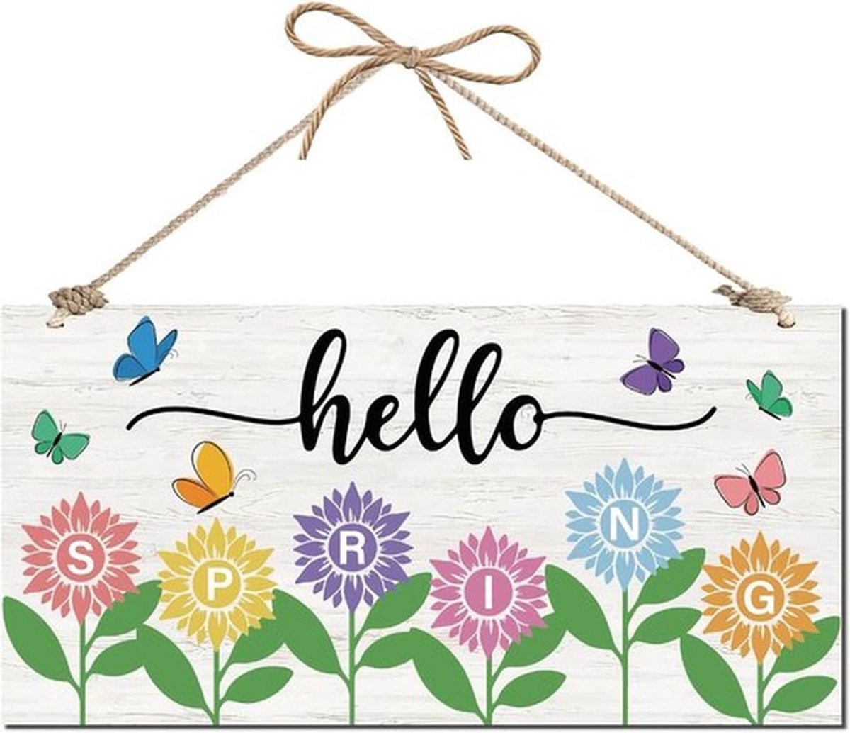 Hallo Voordeurbord - Boho Bloem - Vlinder Lente - Houten Plaquette - Rustieke Boerderij De