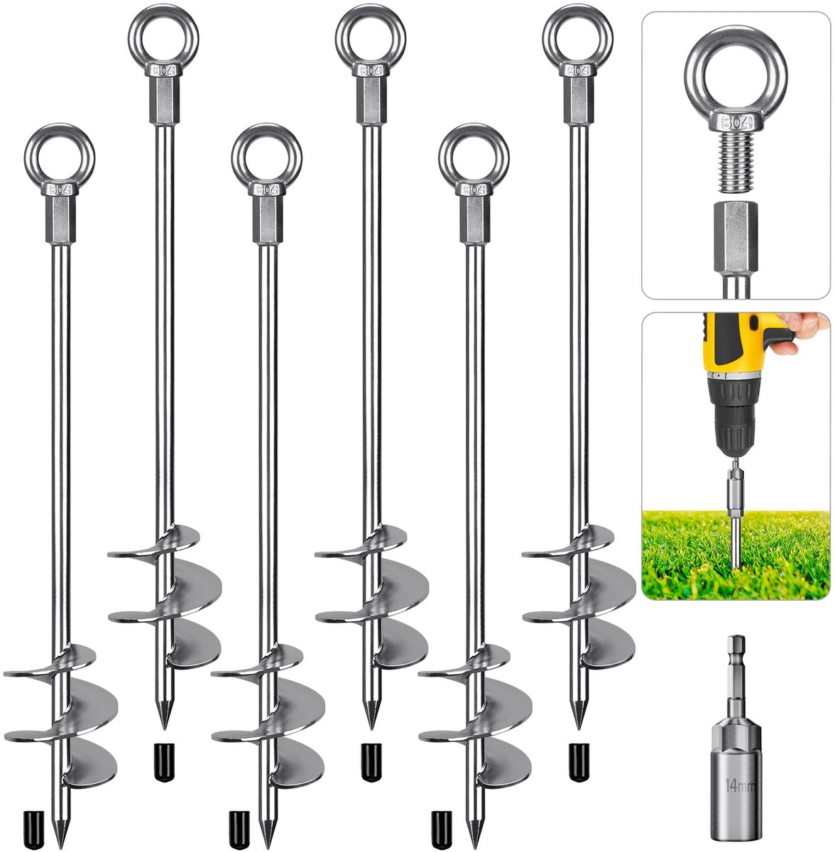 Tentpen Heavy Duty, 76 cm grondanker schroef trampoline spel metalen aarde zand spiraal wind storm spike voor schommelen/kamperen/schuur/hond/carport/luifel met vast oogje, 6 stuks