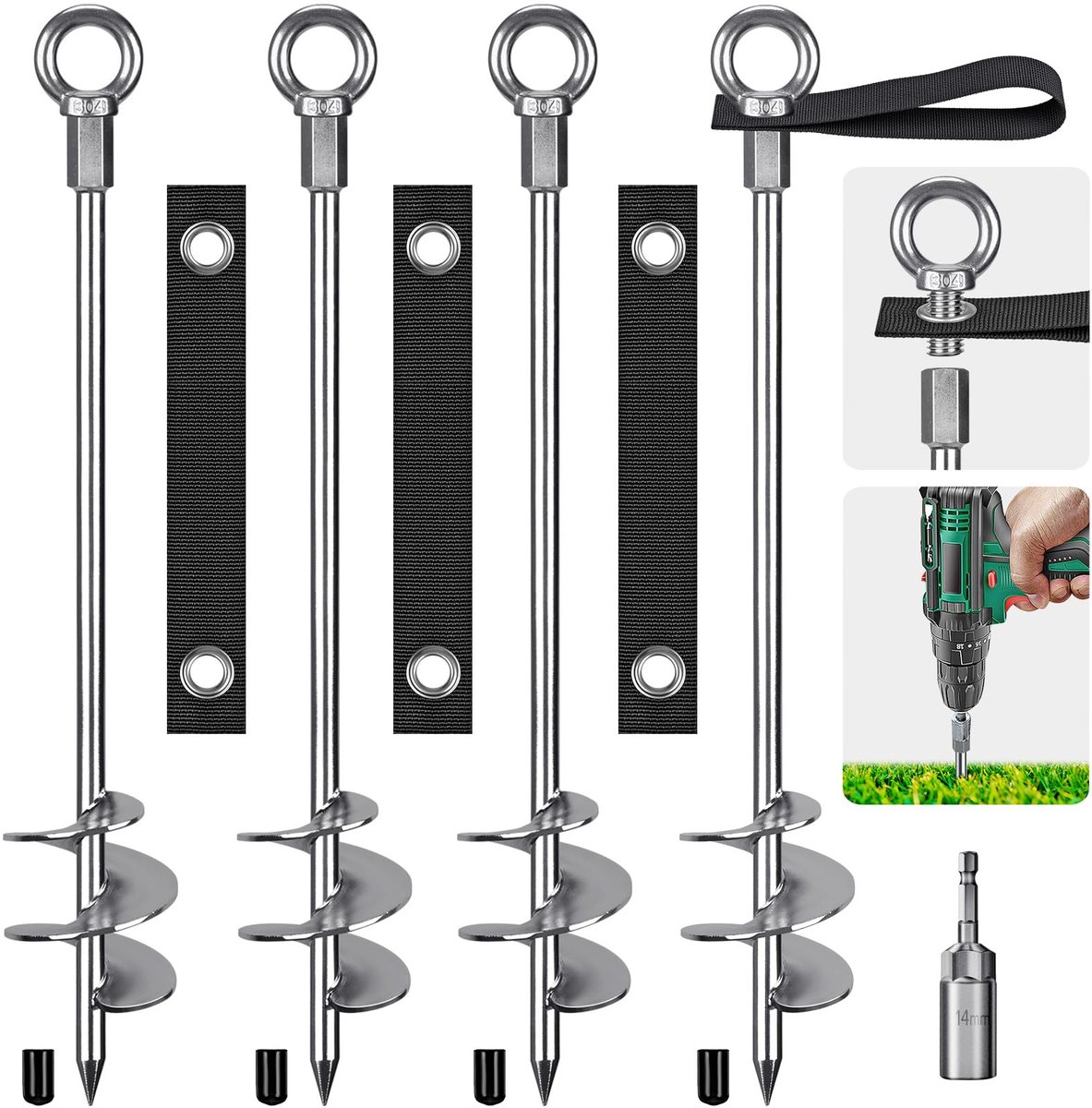 Tent Peg, 61 cm Heavy Duty Grondanker Grote Metalen Aarde Staak Spiraal Blade Schroef in Trampolines Spike voor Swing Set/Camping/Schuur/Hond/Carport met Vaste Loop Strap, 4 Pack
