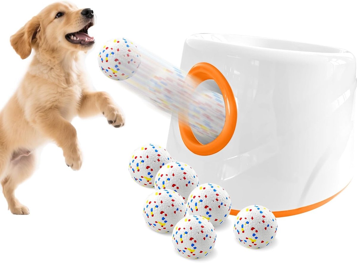 Balwerpmachine voor honden, Balmachine voor honden met 6 E-TPU tennisballen, Interactief hondenspeelgoed elektrisch voor kleine honden, Honden tennisbalmachine voor binnen en buiten