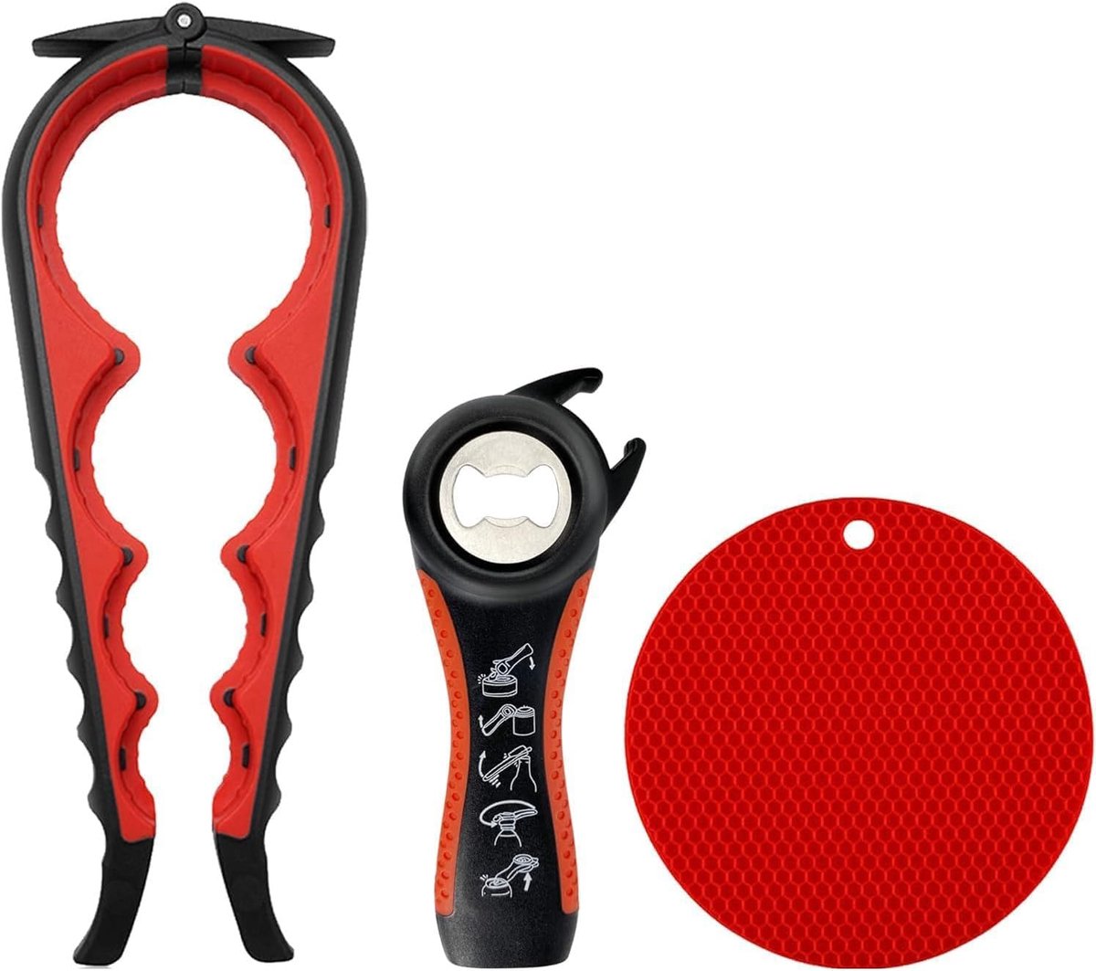 Potopener voor zwakke handen, Easy Twist Jar Opener voor senioren met artritis, 5-in-1 multifunctionele flesopener, dekselopener met kruikgrijper (rood)