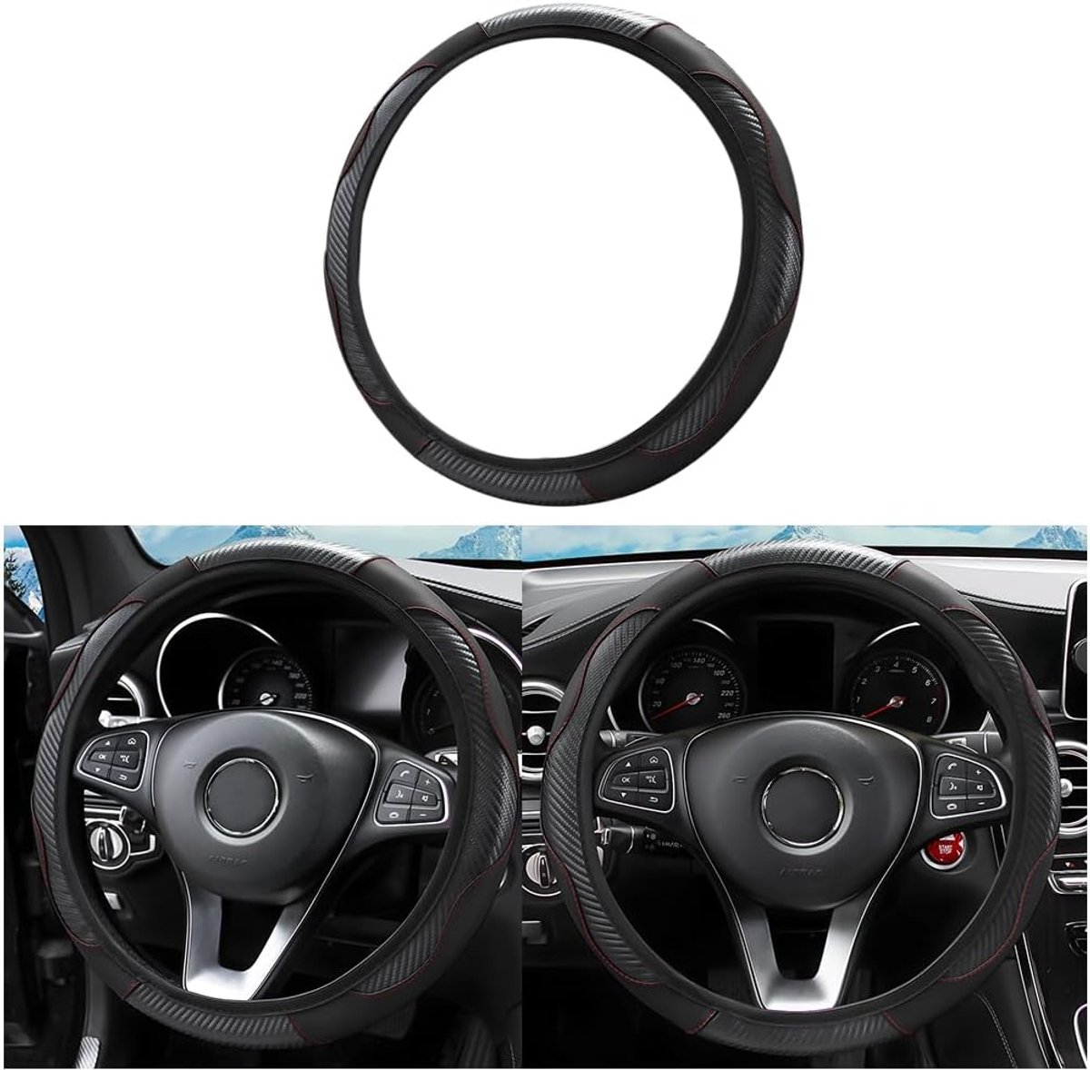 Stuurhoes, echt leer, ademend, antislip, ademende stuurbescherming, geschikt voor auto/SUV, gezellig, ademende stuurbeschermer, zwart